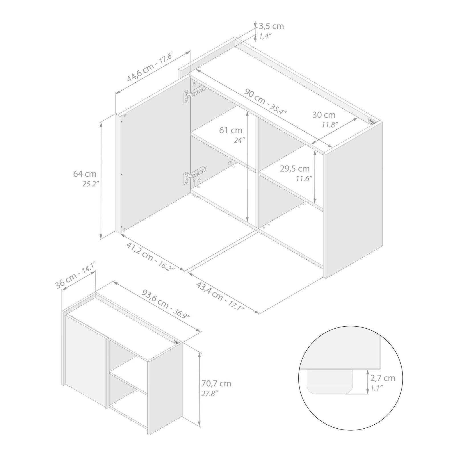 Lowboard Romina (93,6x36x70 cm), 1 Türe, Rustikale Eiche - Immagine tecnica 1