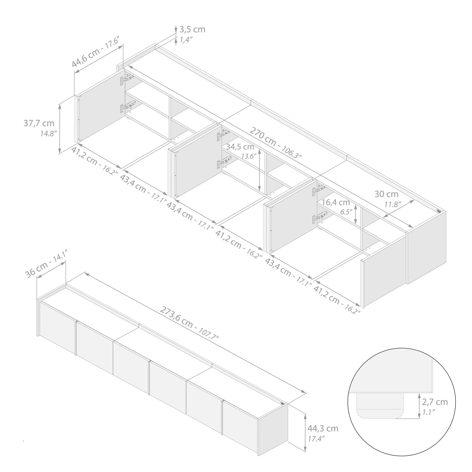 Mueble Bajo Romina (273,6x36x44 cm), con 6 Puertas, Madera Rústica - Immagine tecnica 1