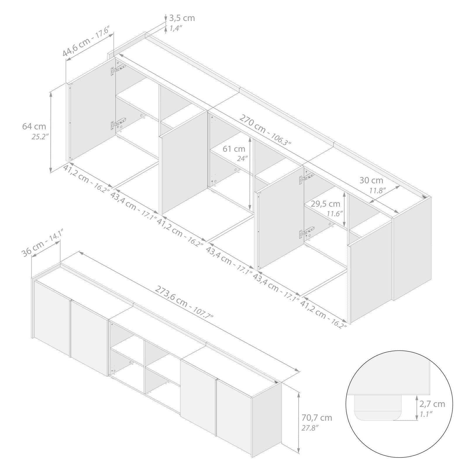 Meuble Bas Romina (273,6x36x70 cm), 4 Portes, Frêne Noir - Immagine tecnica 1