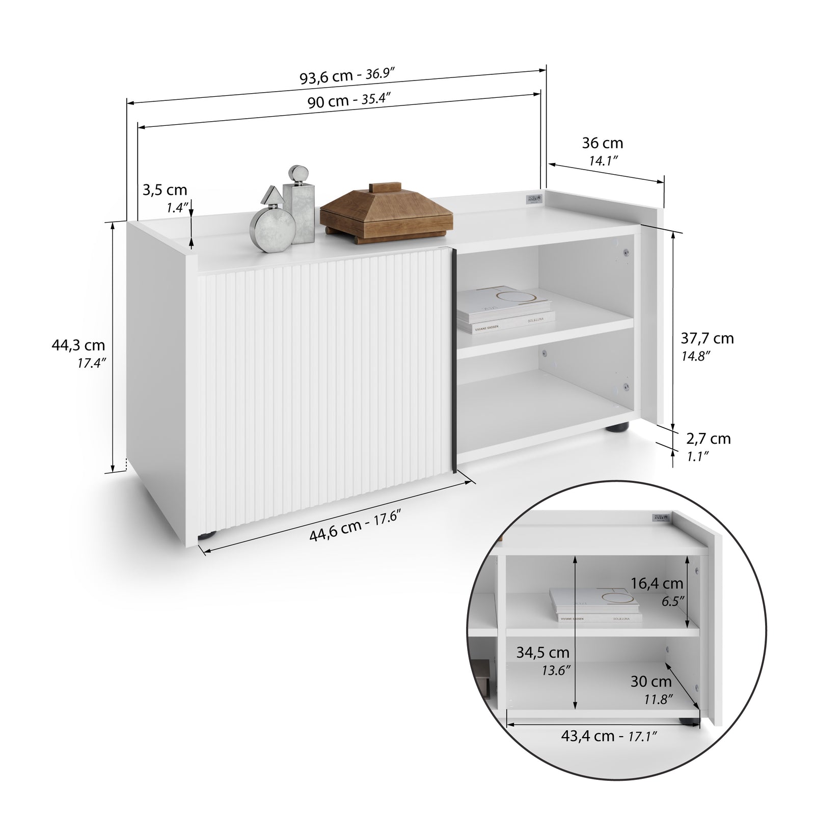 Romina Low Fluted Sideboard (93.6x36x44 cm), 1 Door, Opaque White - Immagine tecnica 1