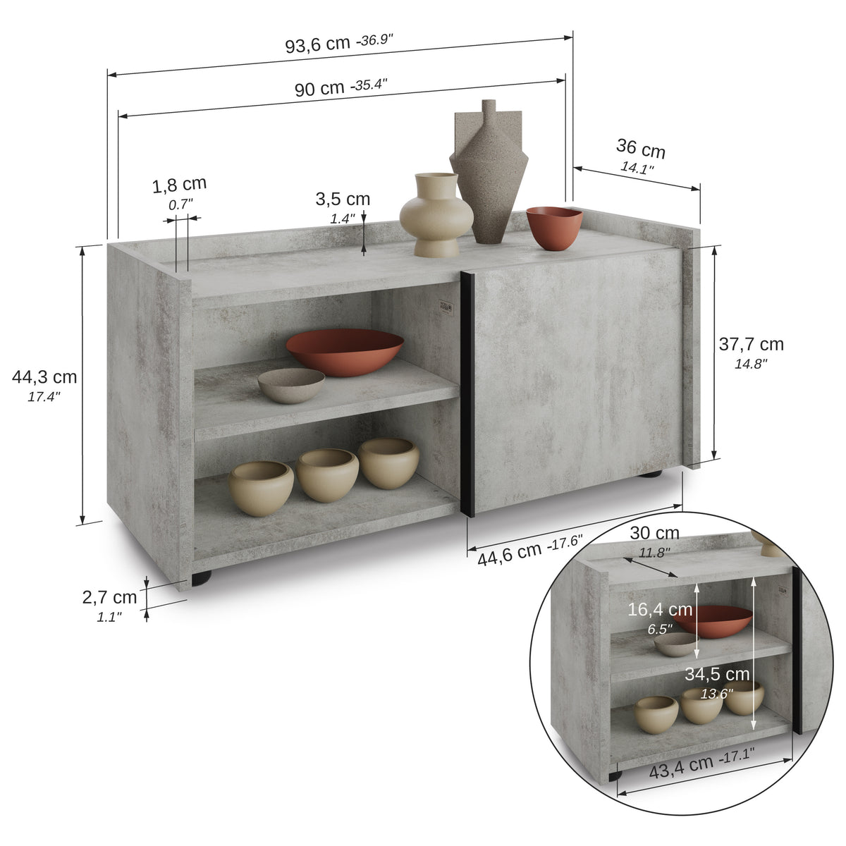 Mobile Basso Romina (93,6x36x44 cm), 1 Anta, Szary Beton - Immagine tecnica 1