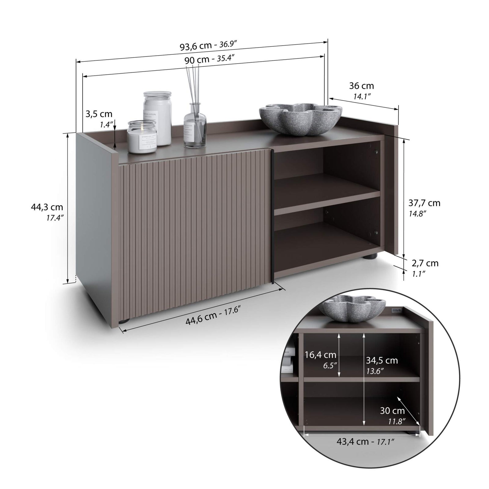 Aparador bajo acanalado Romina (93,6x36x44 cm), 1 Puerta, Gris Cobalto - Immagine tecnica 1