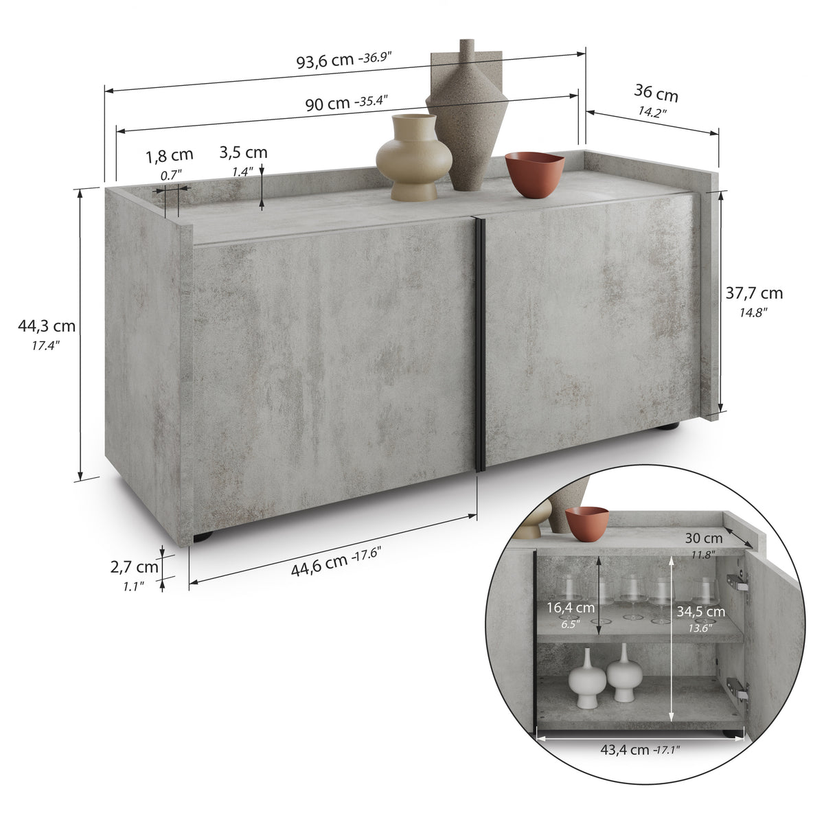 Mobile Basso Romina (93,6x36x44 cm), 2 Ante, Grigio Cemento - Immagine tecnica 1