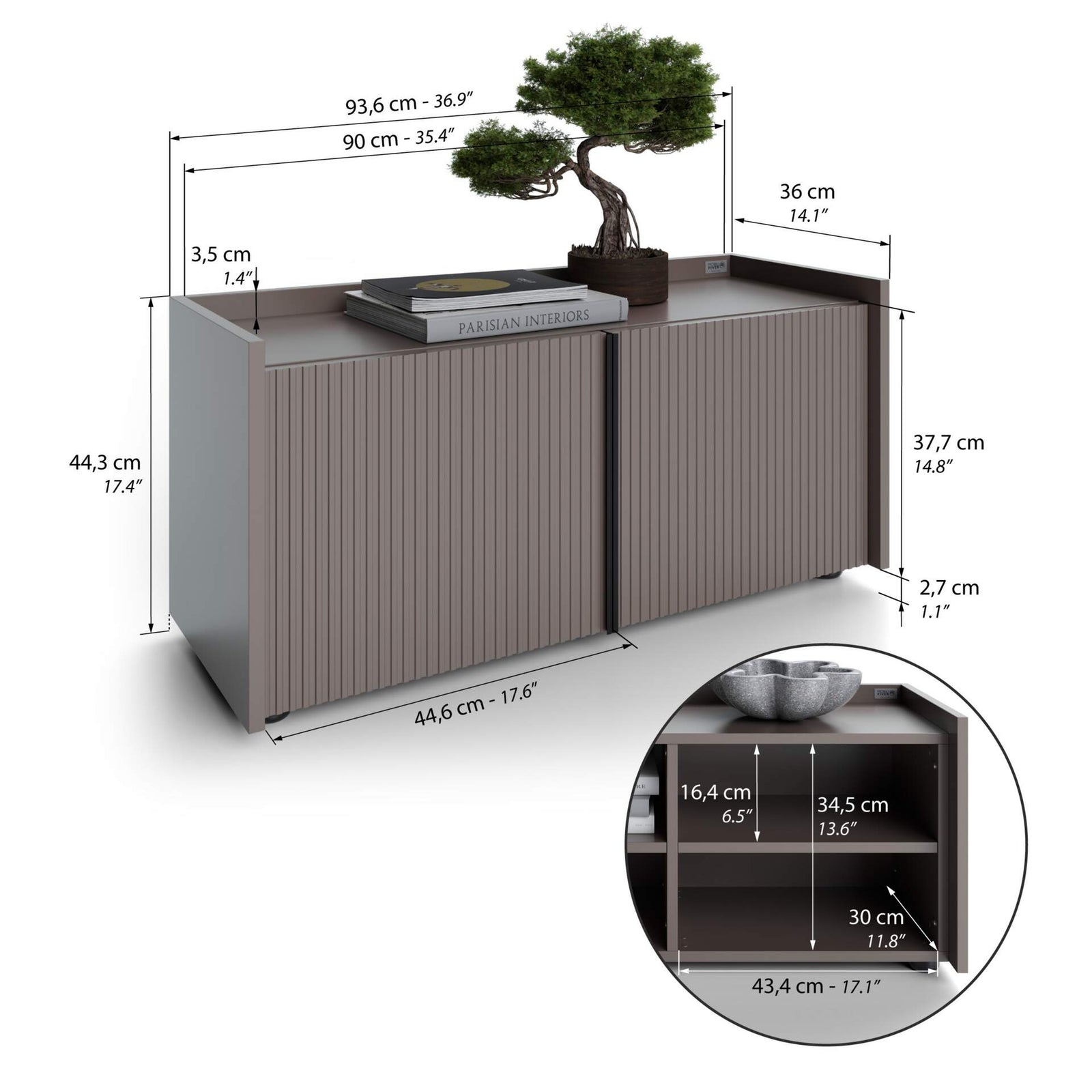 Niedriges gerilltes Sideboard Romina (93,6x36x44 cm), 2 Türen, Kobaltgrau - Immagine tecnica 1
