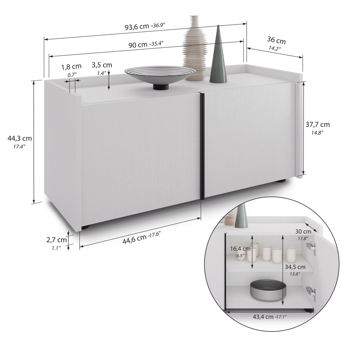 Romina lavt sideboard (93,6x36x44 cm), 2 dører, askhvit - Immagine tecnica 1