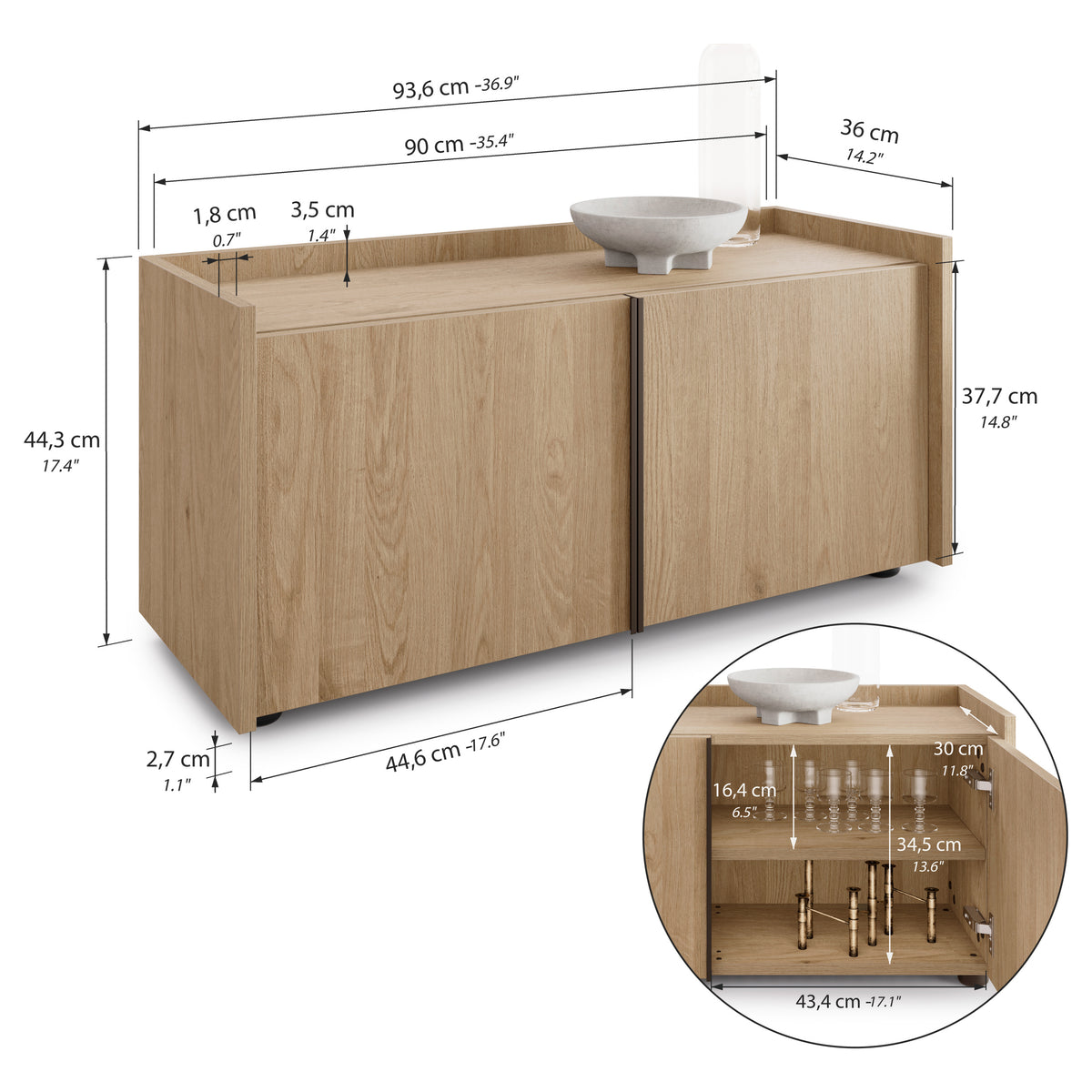 Mobile Basso Romina (93,6x36x44 cm), 2 Drzwi, Dąb Naturalny - Immagine tecnica 1