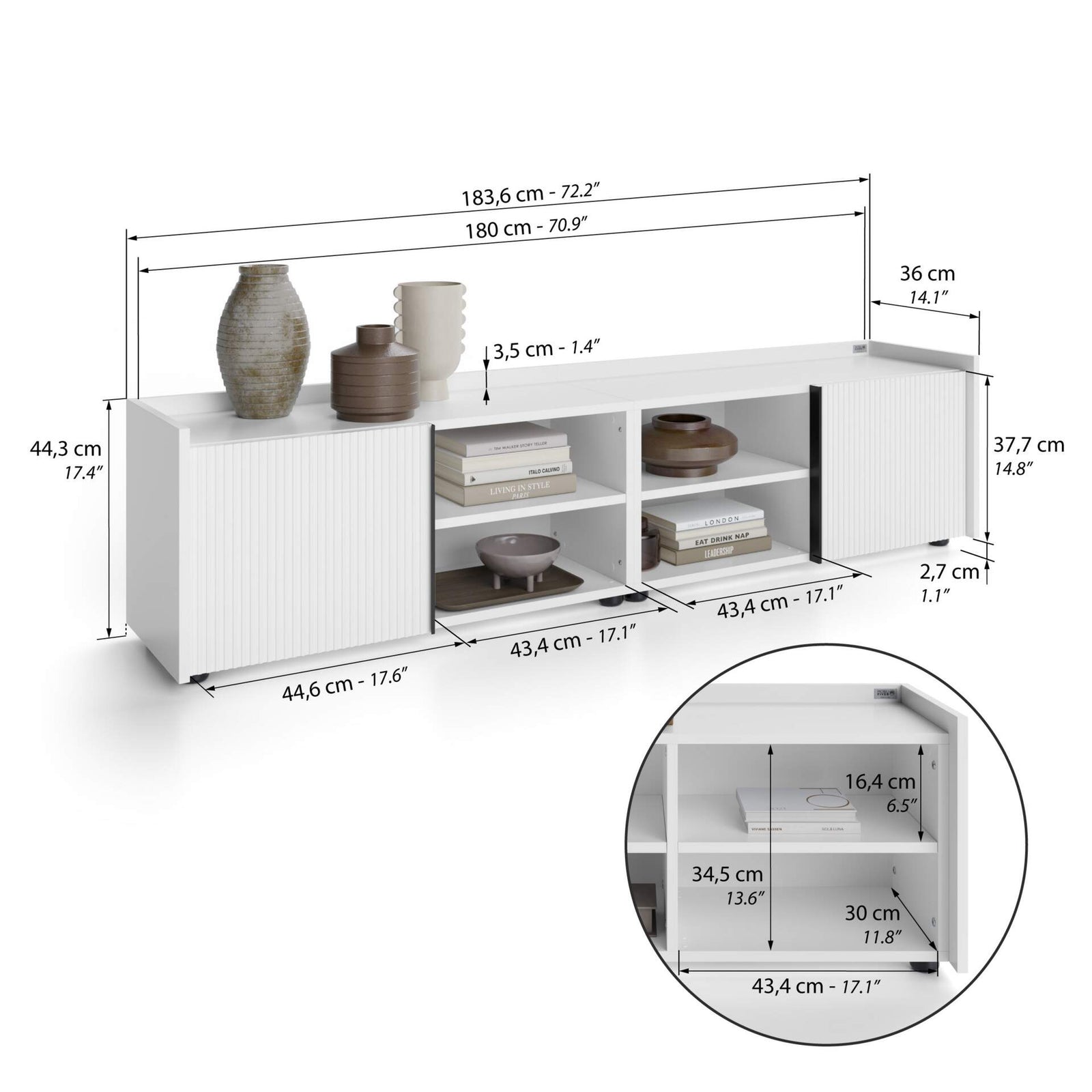Niedriges gerilltes Sideboard Romina (183,6x36x44 cm), 2 Türen, Weiß Matt - Immagine tecnica 1