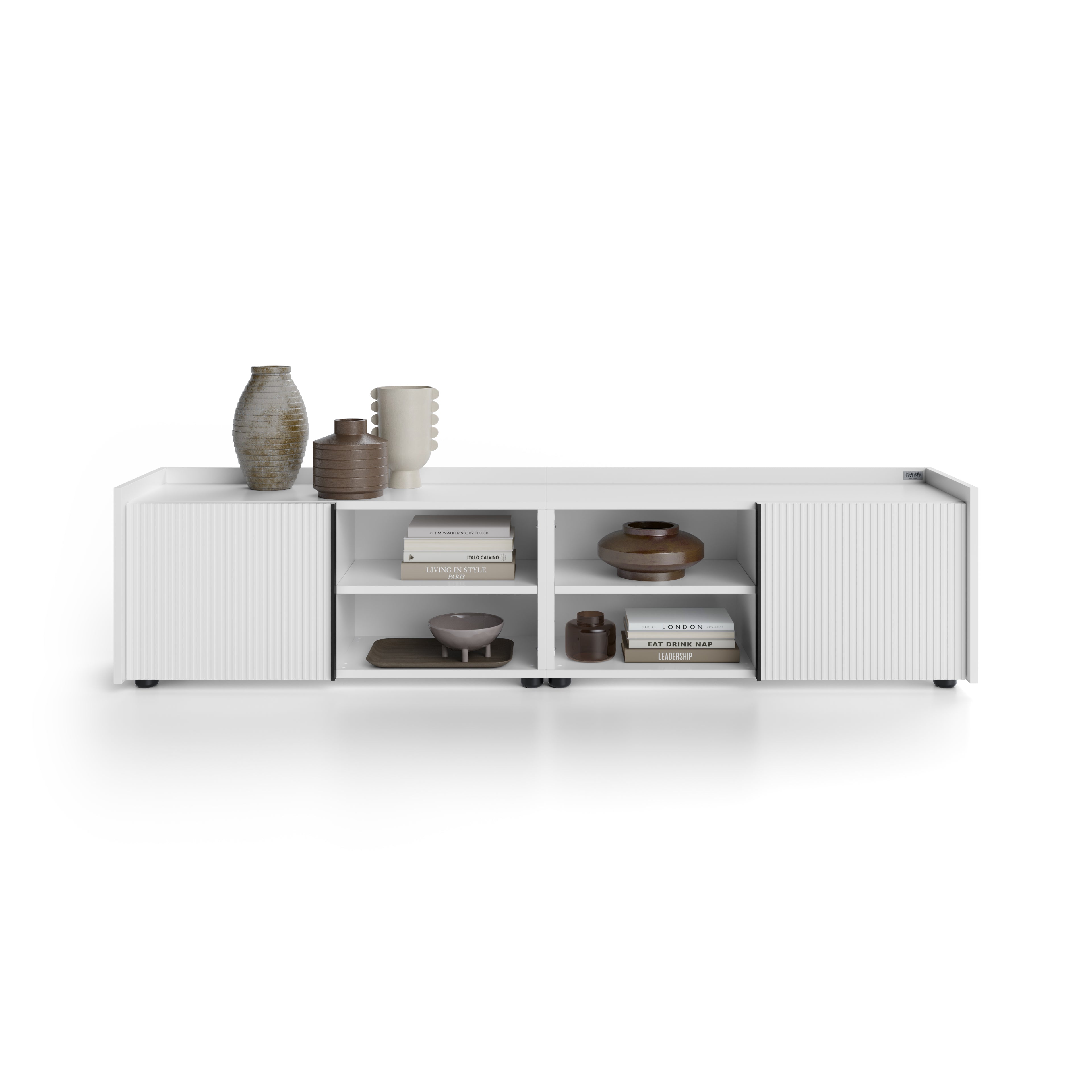 Niedriges gerilltes Sideboard Romina (183,6x36x44 cm), 2 Türen, Weiß Matt - Main image