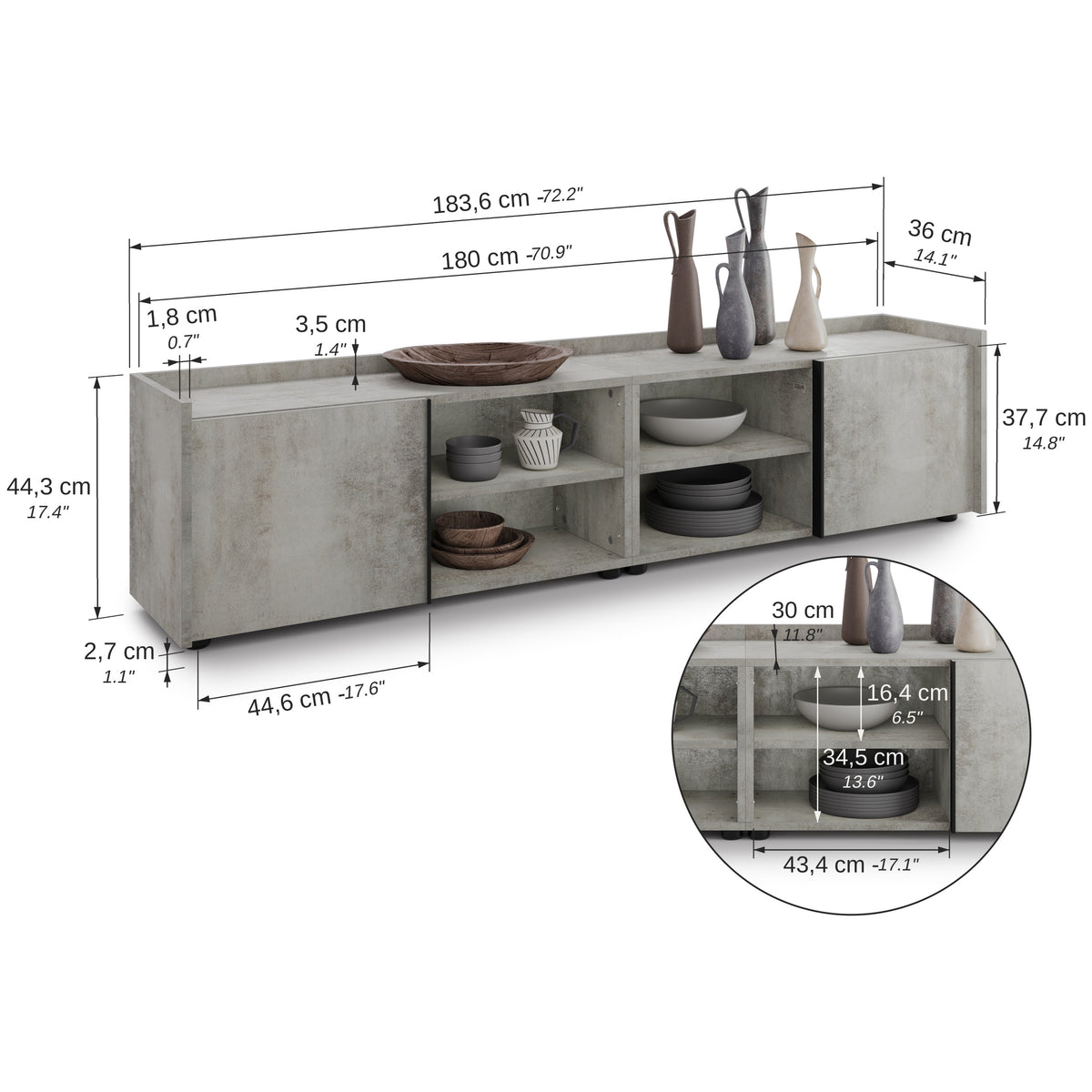Mobile Basso Romina (183,6x36x44 cm), 2 Ante, Szary Beton - Immagine tecnica 1