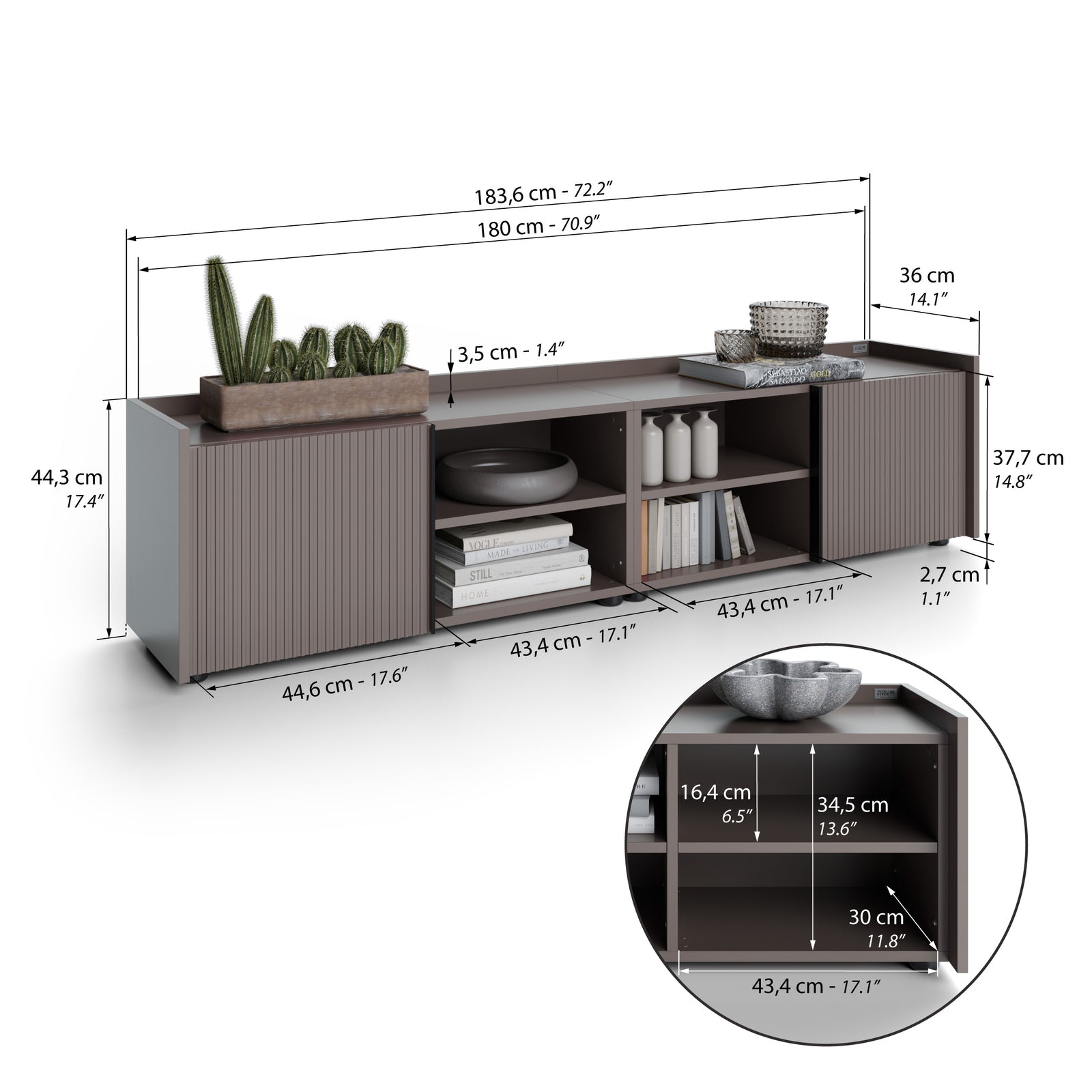 Romina Low Fluted Sideboard (183.6x36x44 cm), 2 Doors, Slate Grey - Immagine tecnica 1