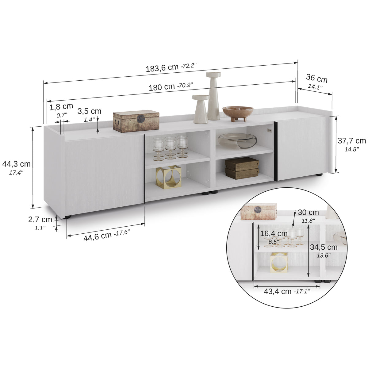 Romina Low Sideboard (183.6x36x44 cm), 2 Doors, Ashwood White - Immagine tecnica 1