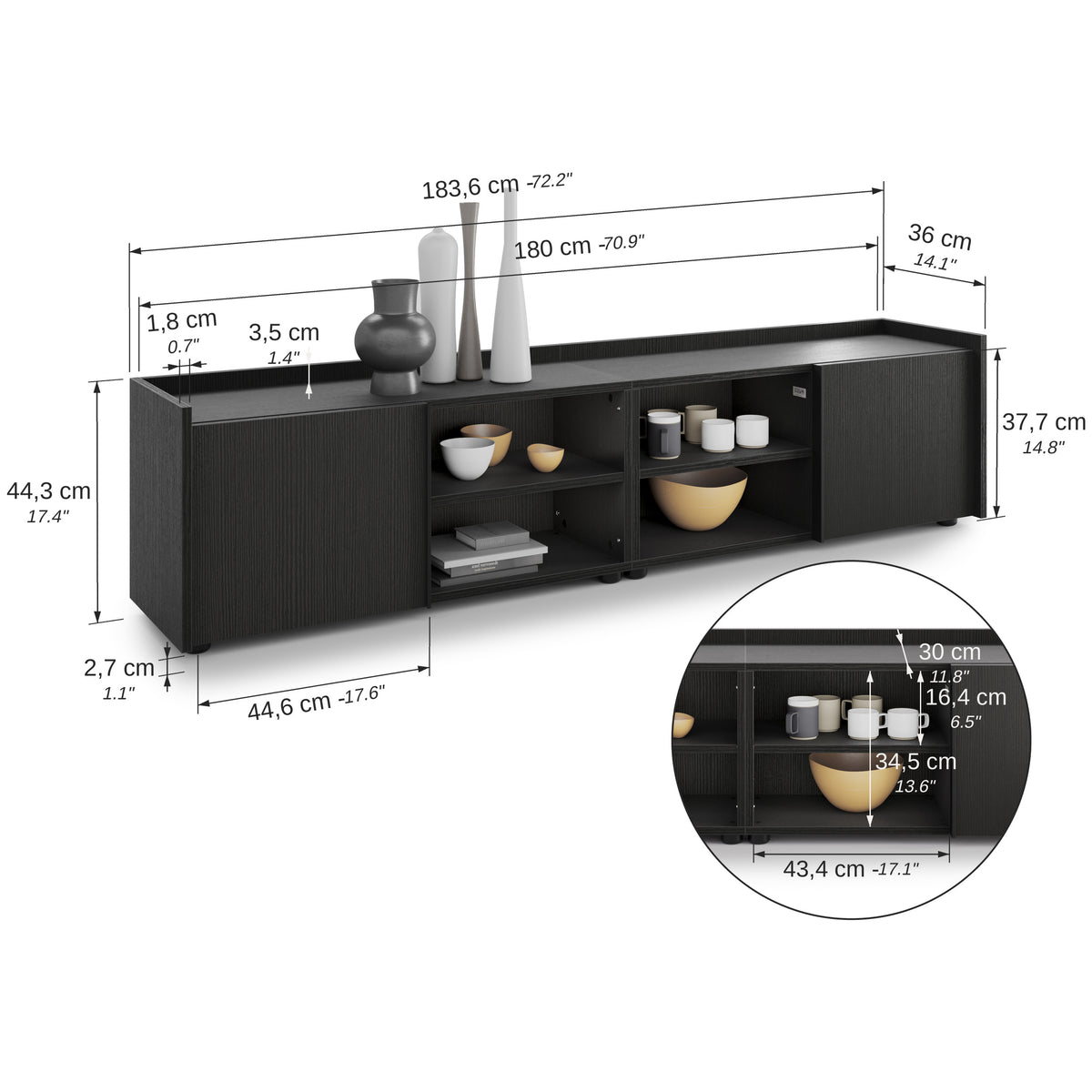 Romina Low Sideboard (183.6x36x44 cm), 2 Doors, Ashwood Black - Immagine tecnica 1
