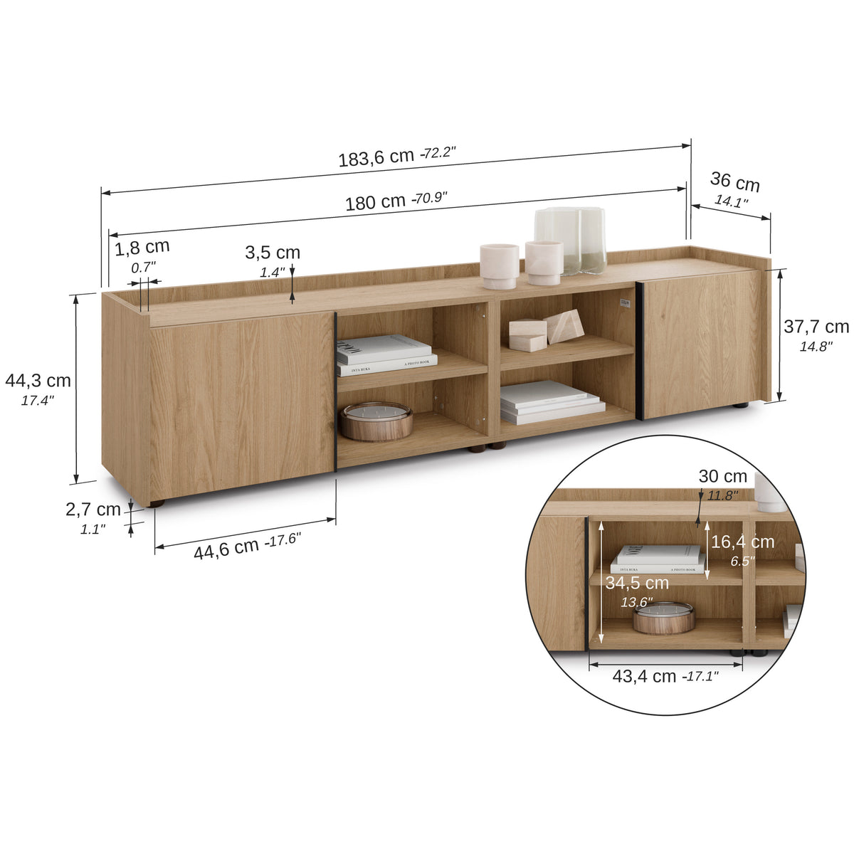 Mobile Basso Romina (183,6x36x44 cm), 2 Ante, Rovere Naturale - Immagine tecnica 1