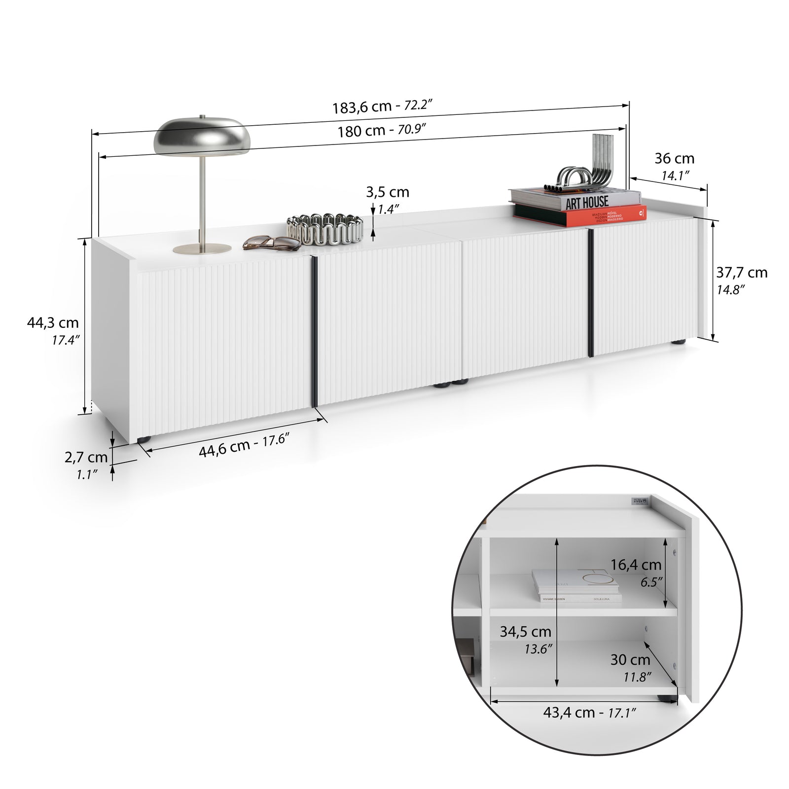 Romina Low Fluted Sideboard (183.6x36x44 cm), 4 Doors, Opaque White - Immagine tecnica 1