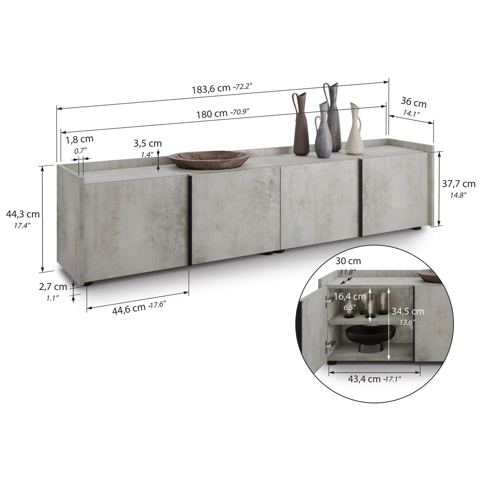 Mobile Basso Romina (183,6x36x44 cm), 4 Ante, Grigio Cemento - Immagine tecnica 1