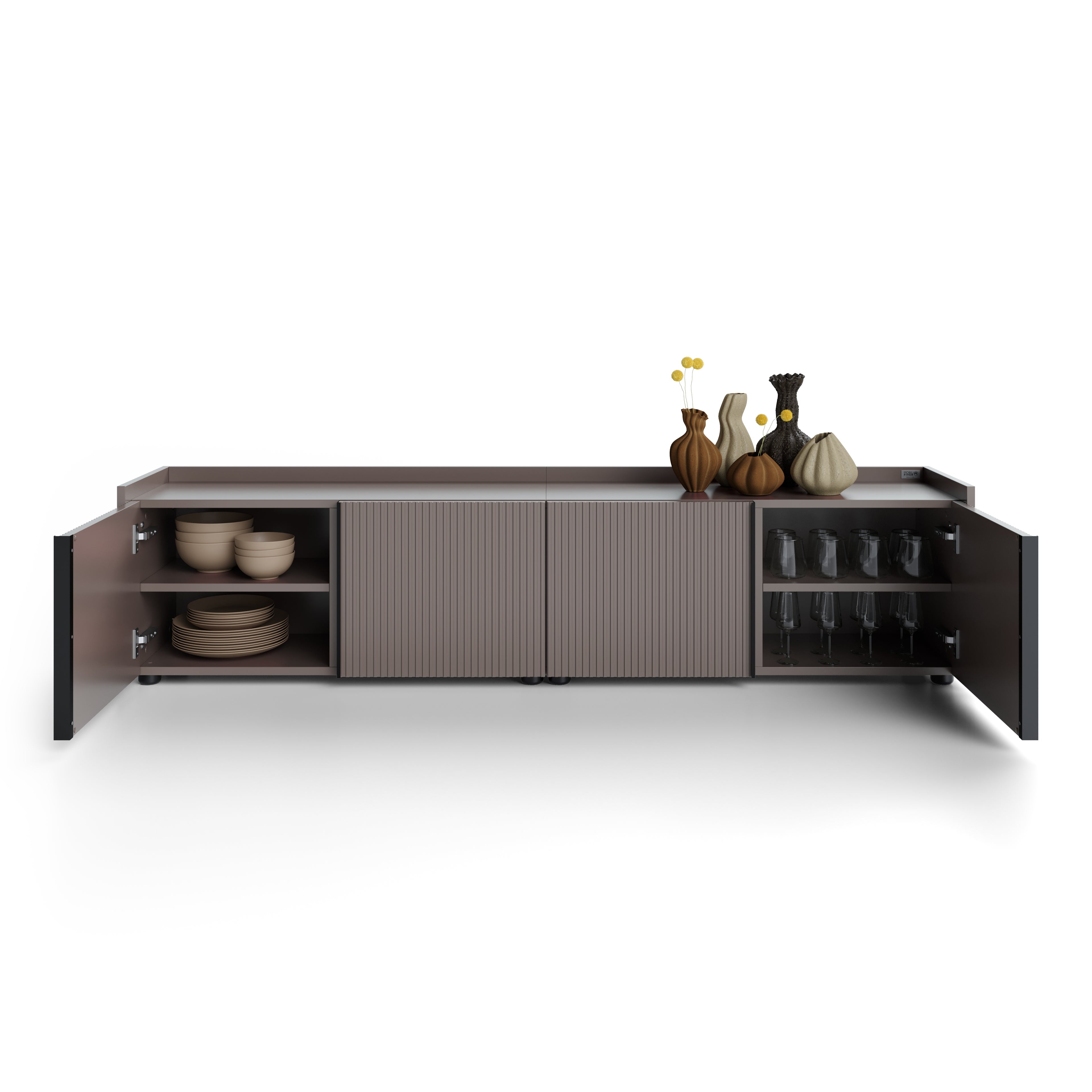 Buffet bas cannelé Romina (183,6x36x44 cm), 4 Portes, Gris Bleuté