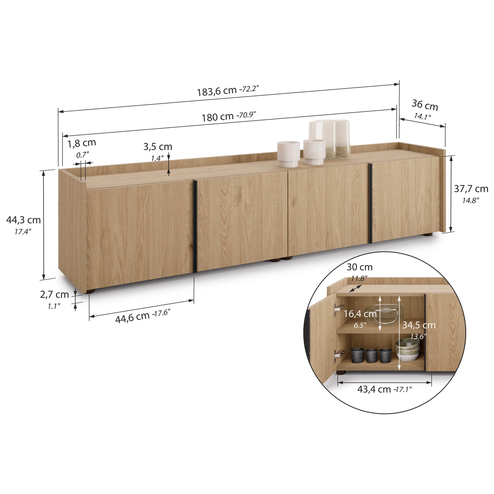 Mobile Basso Romina (183,6x36x44 cm), 4 Ante, Rovere Naturale - Immagine tecnica 1