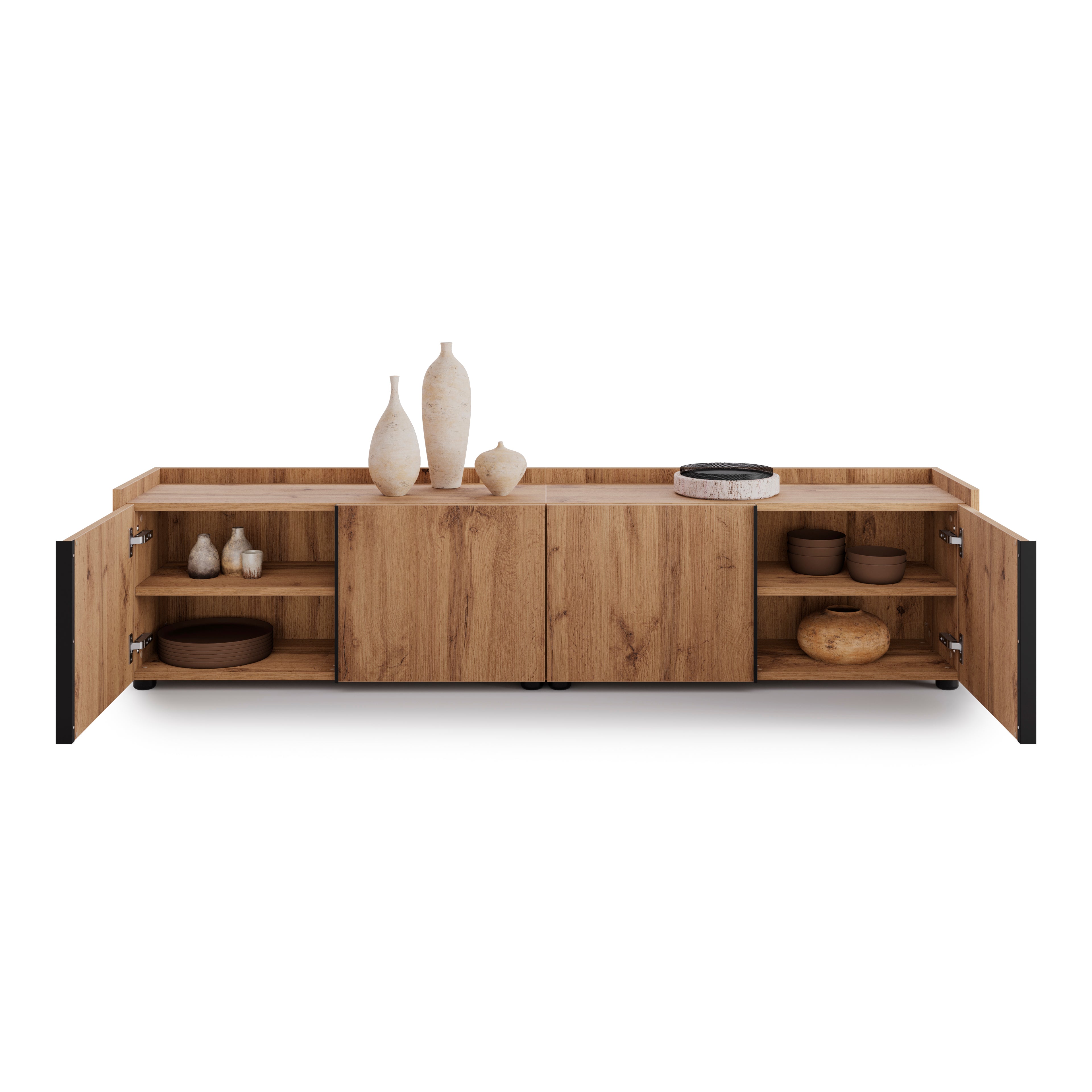 Meuble Bas Romina (183,6x36x44 cm), 4 Portes, Bois Rustique