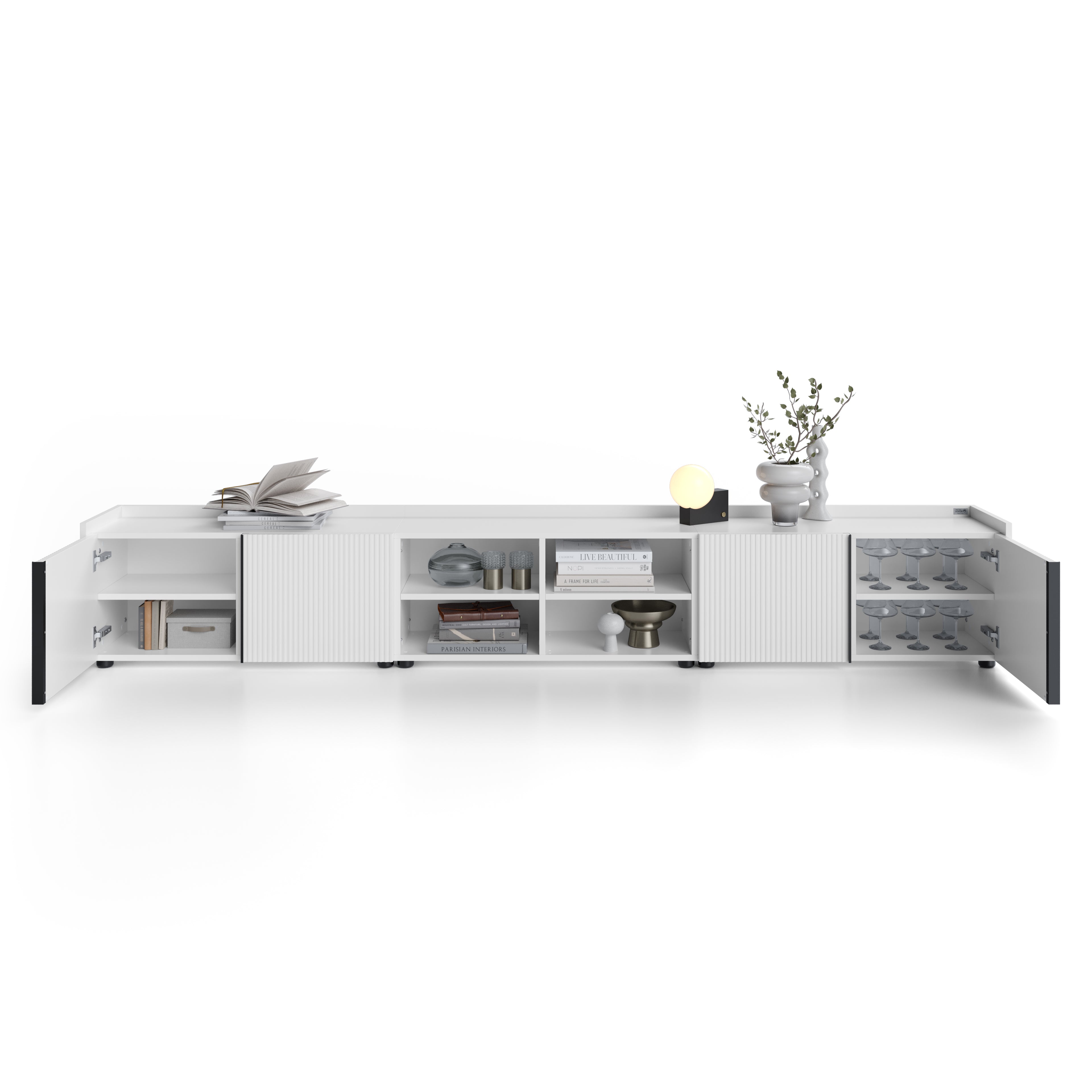 Niedriges gerilltes Sideboard Romina (273,6x36x44 cm), 4 Türen, Weiß Matt - Detail image 1