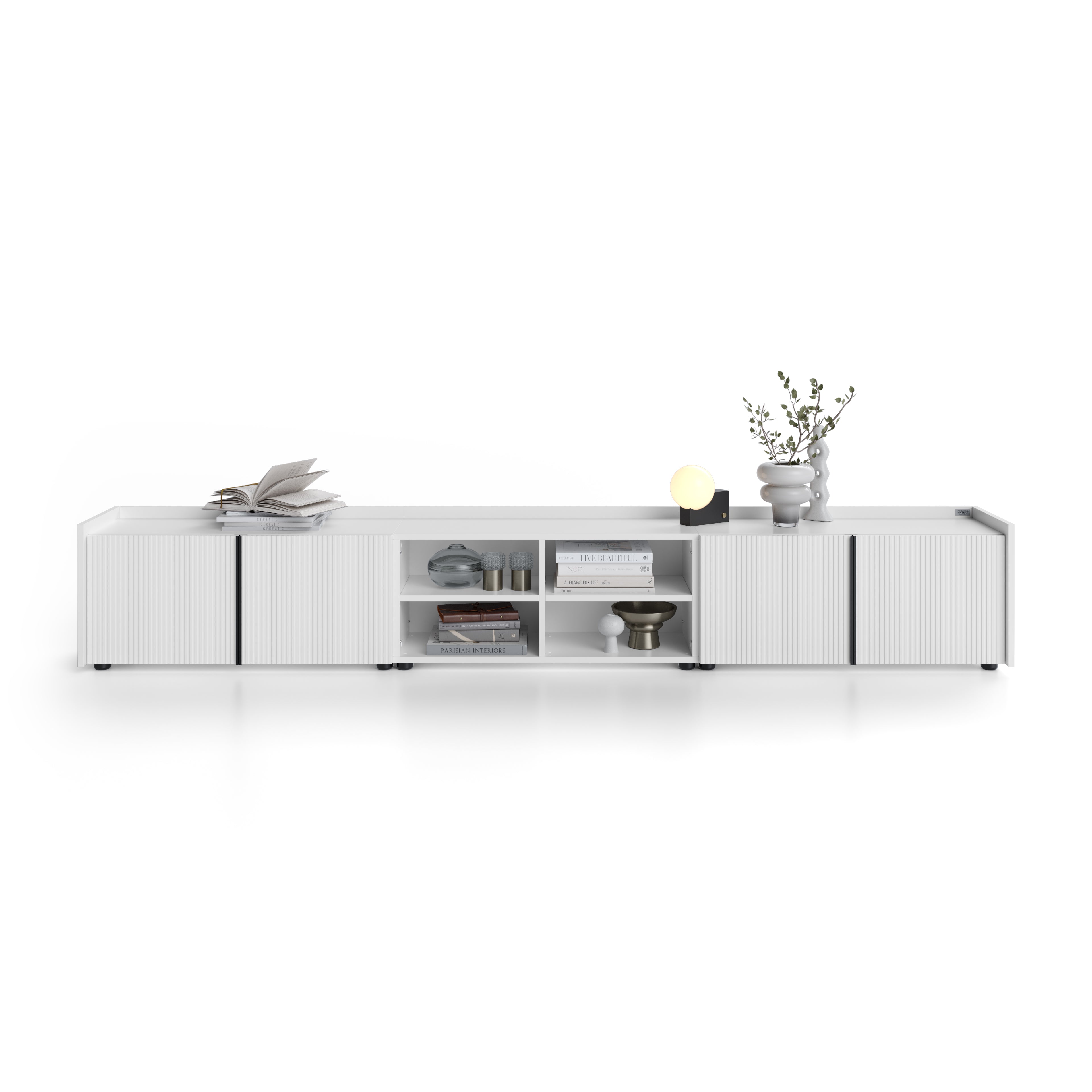 Buffet bas cannelé Romina (273,6x36x44 cm), 4 Portes, Blanc Mat