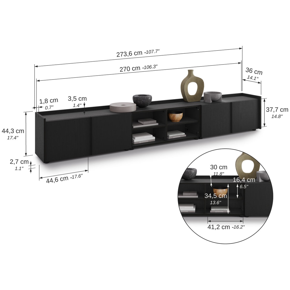 Romina Low Sideboard (273.6x36x44 cm), 4 Doors, Ashwood Black - Immagine tecnica 1