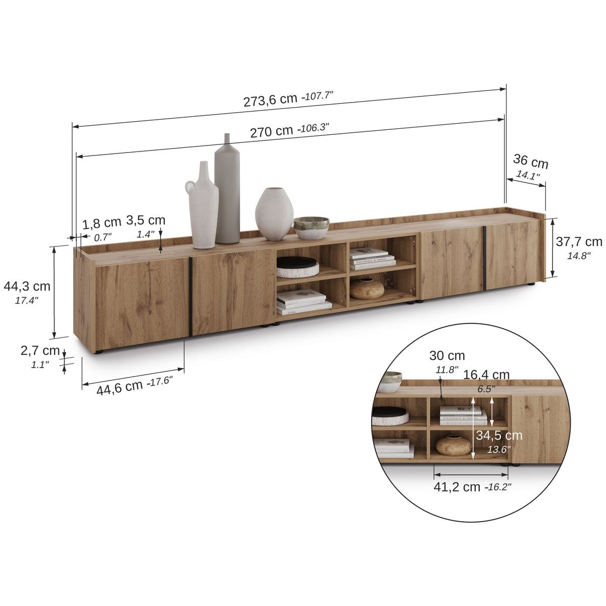 Romina Low Sideboard (273.6x36x44 cm), 4 Doors, Rustic Oak - Immagine tecnica 1