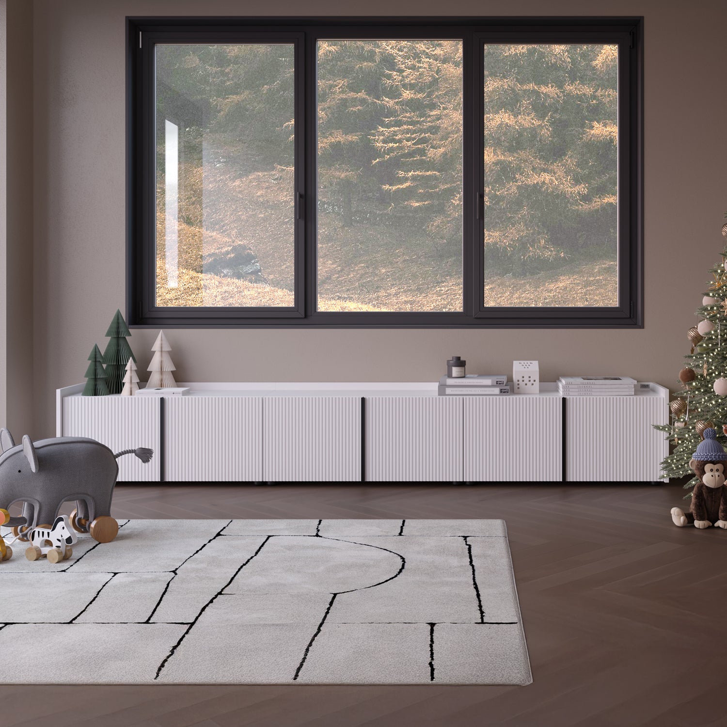 Niedriges gerilltes Sideboard Romina (273,6x36x44 cm), 4 Türen, Weiß Matt - Set image 1