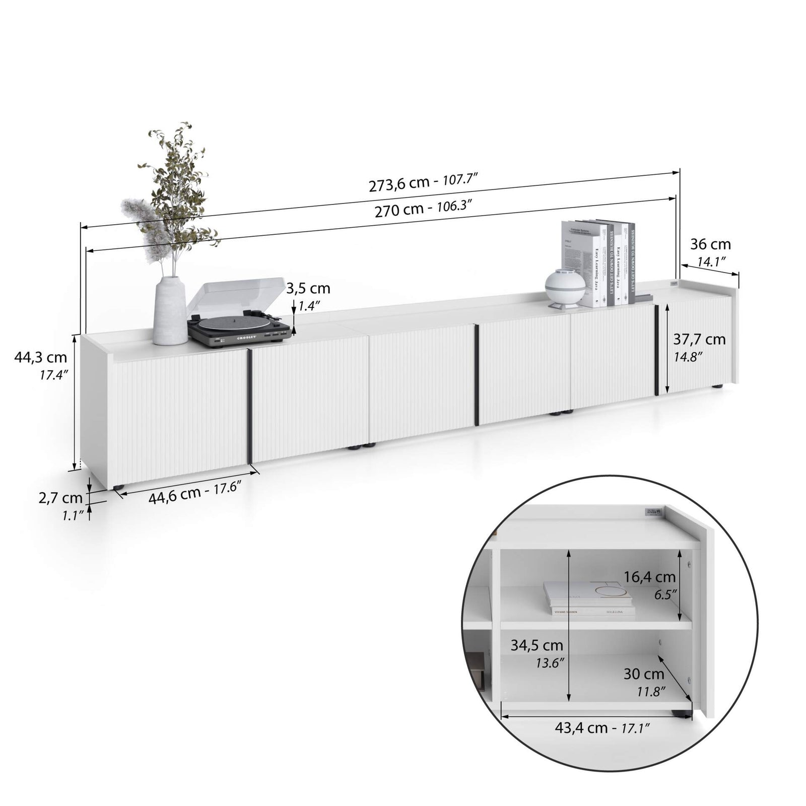 Niedriges gerilltes Sideboard Romina (273,6x36x44 cm), 6 Türen, Weiß Matt - Immagine tecnica 1