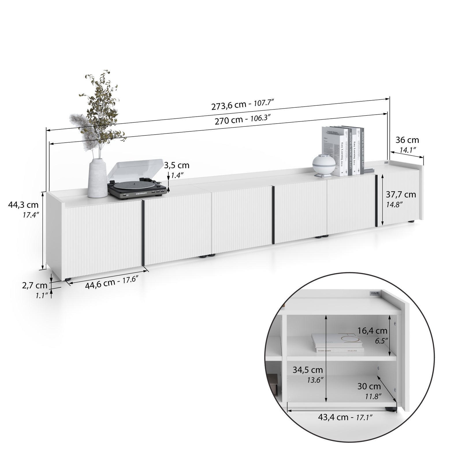 Buffet bas cannelé Romina (273,6x36x44 cm), 6 Portes, Blanc Mat - Immagine tecnica 1