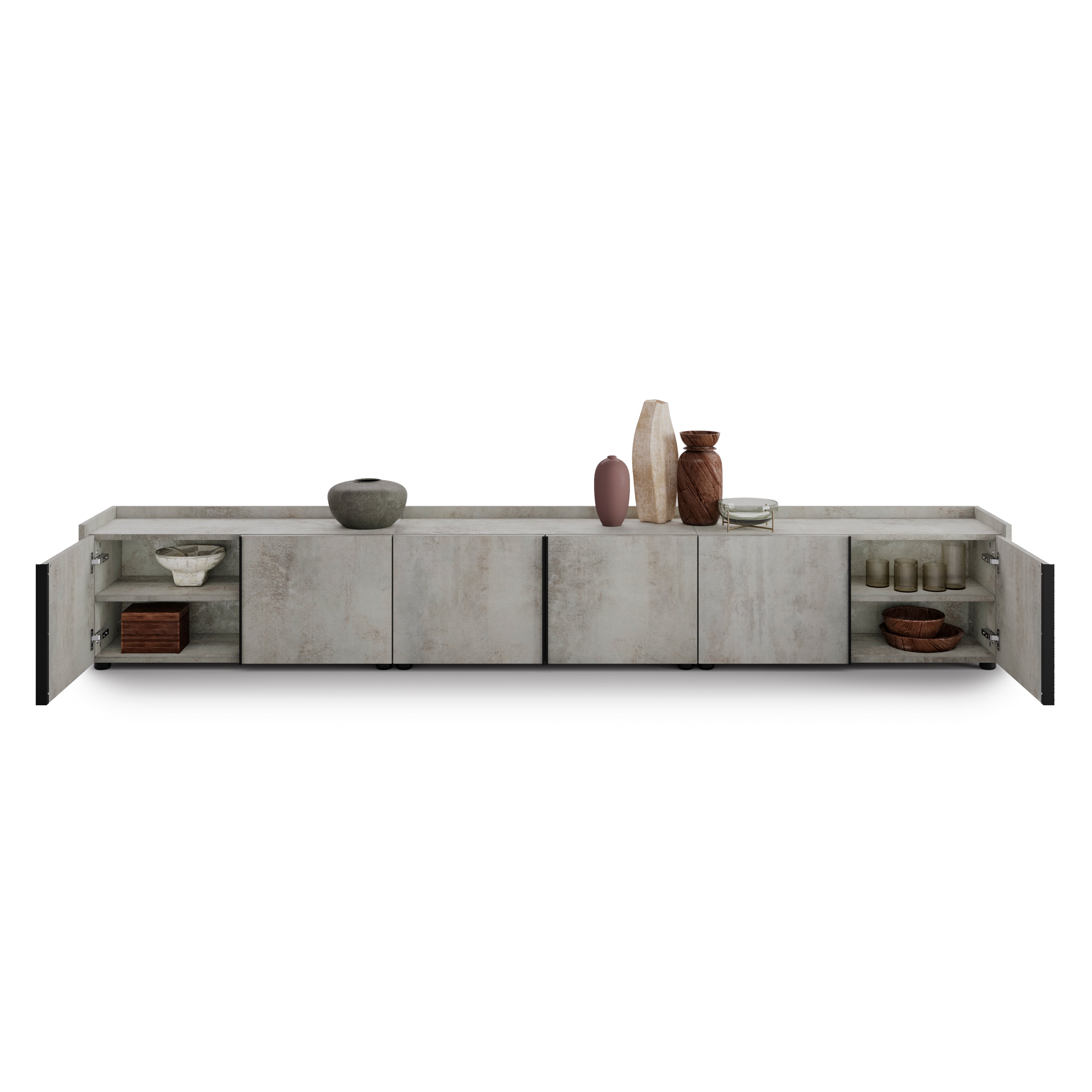 Lowboard Romina (273,6x36x44 cm), 6 Türen, Grauer Beton