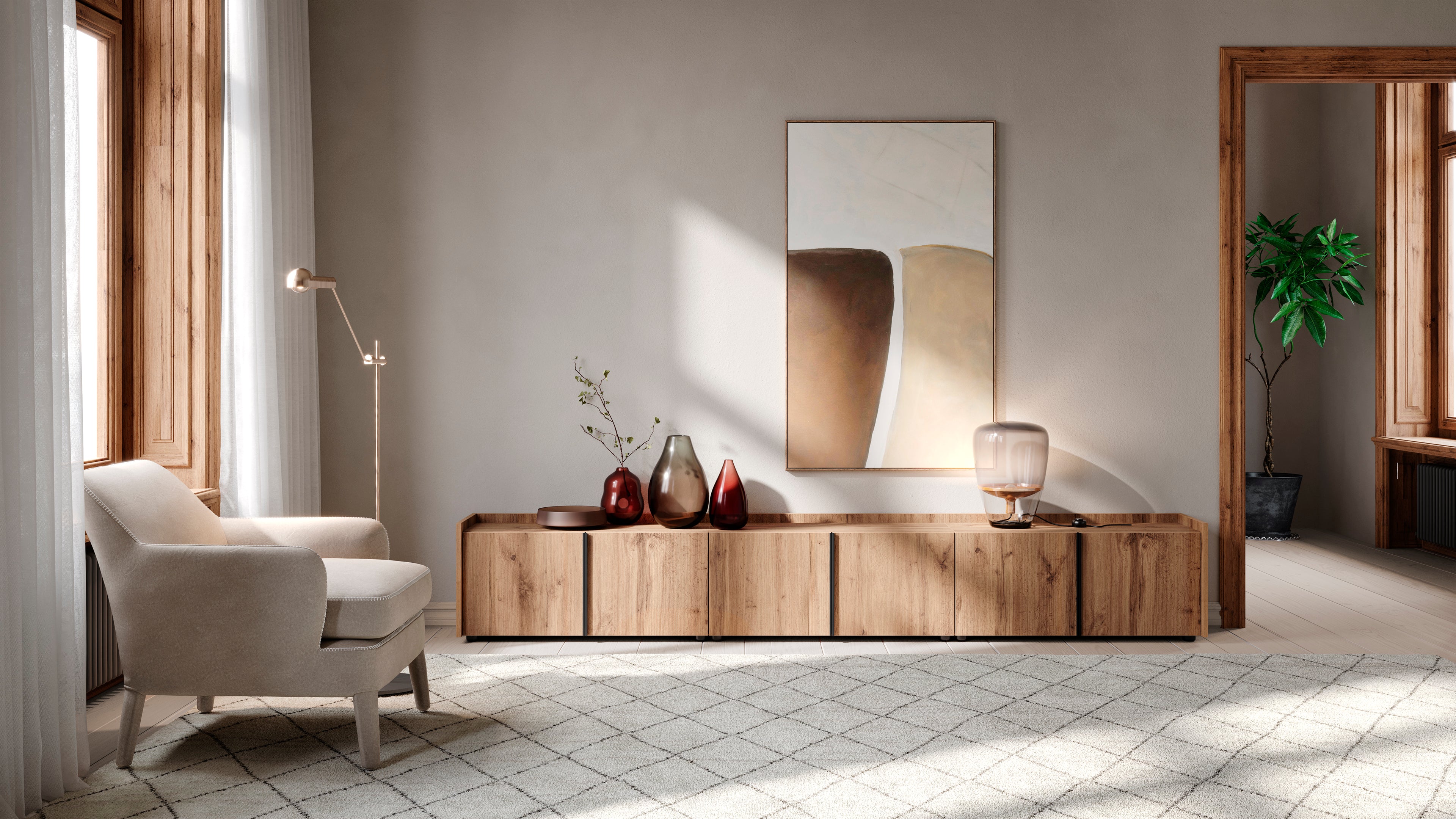 Mobile Basso Romina (273,6x36x44 cm), 6 Drzwiczek, Dąb Rustykalny - Zdjęcie aranżacyjne 1