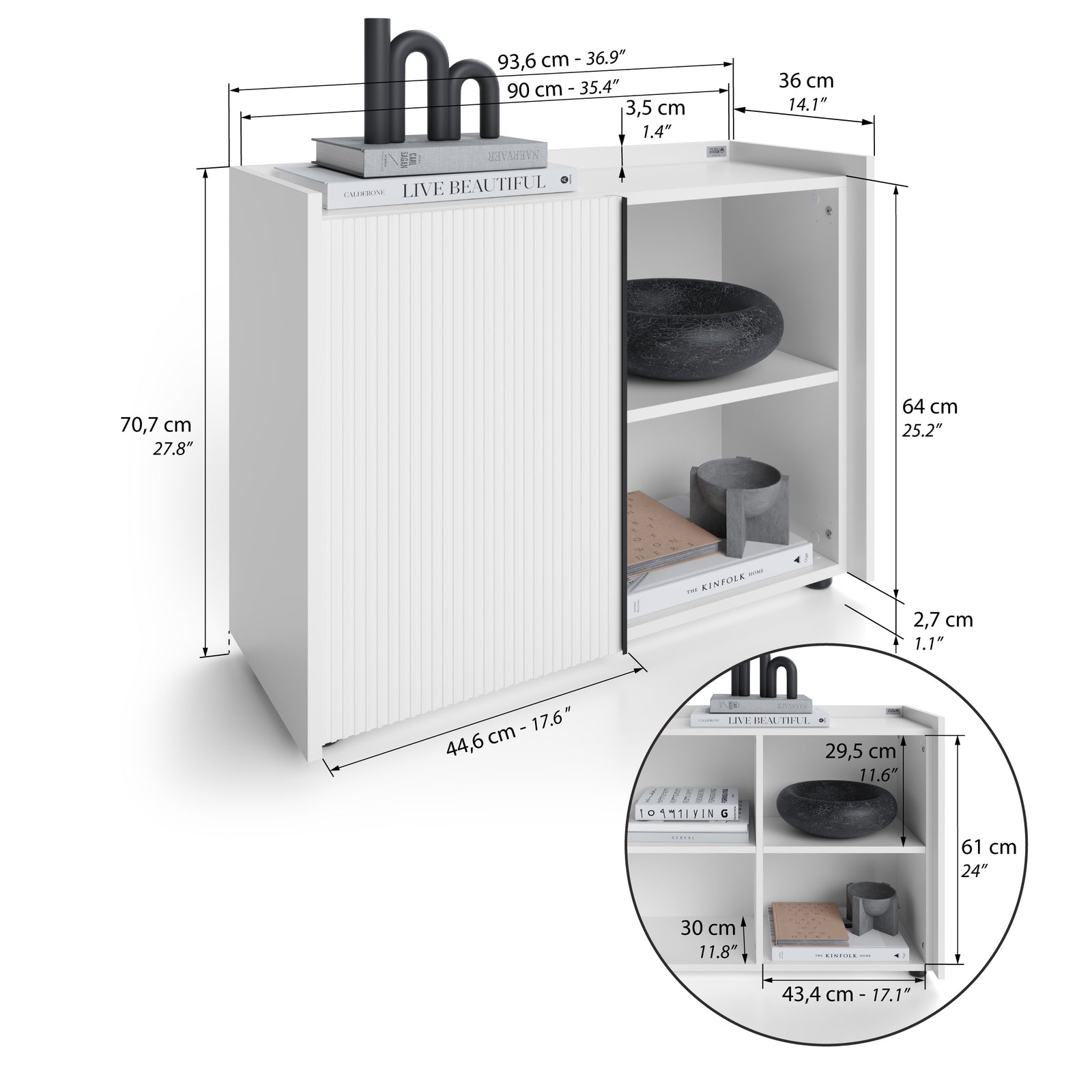 Aparador bajo acanalado Romina (93,6x36x70 cm), 1 Puerta, Blanco Mate - Immagine tecnica 1