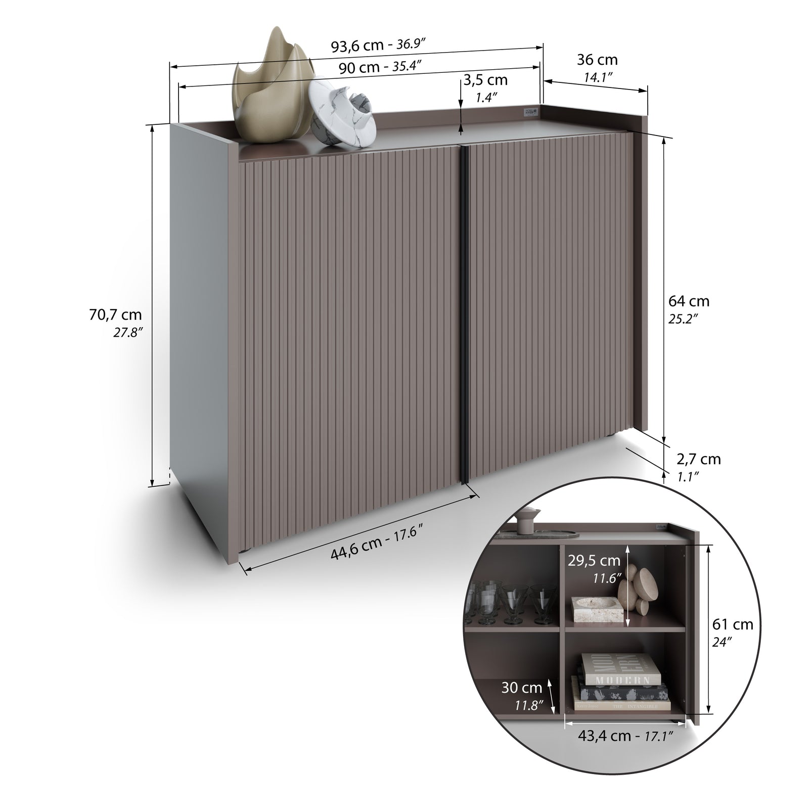 Romina Low Fluted Sideboard (93.6x36x70 cm), 2 Doors, Slate Grey - Immagine tecnica 1