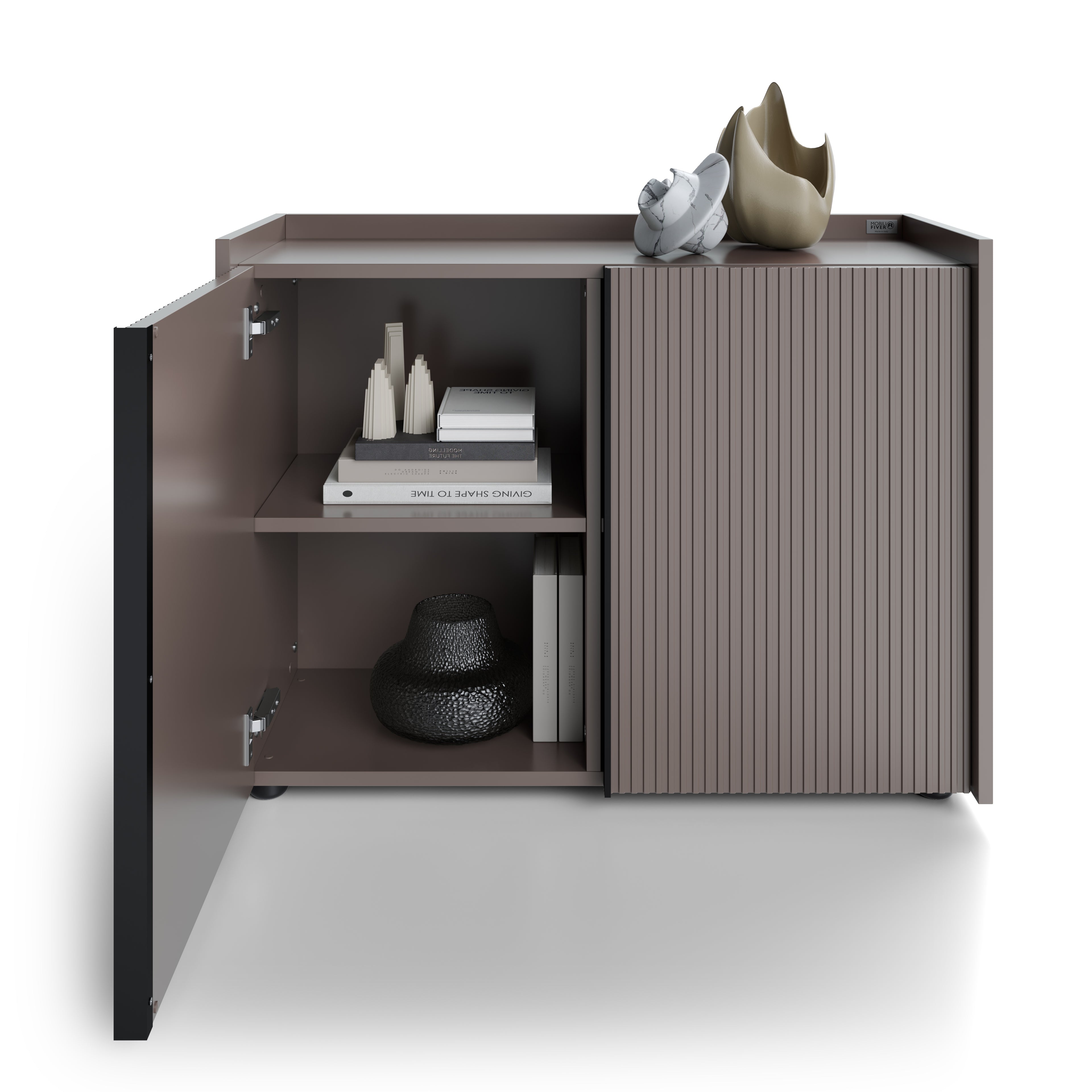 Buffet bas cannelé Romina (93,6x36x70 cm), 2 Portes, Gris Bleuté