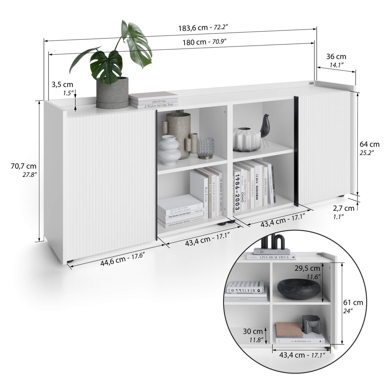 Aparador bajo acanalado Romina (183,6x36x70 cm), 2 Puertas, Blanco Mate - Immagine tecnica 1