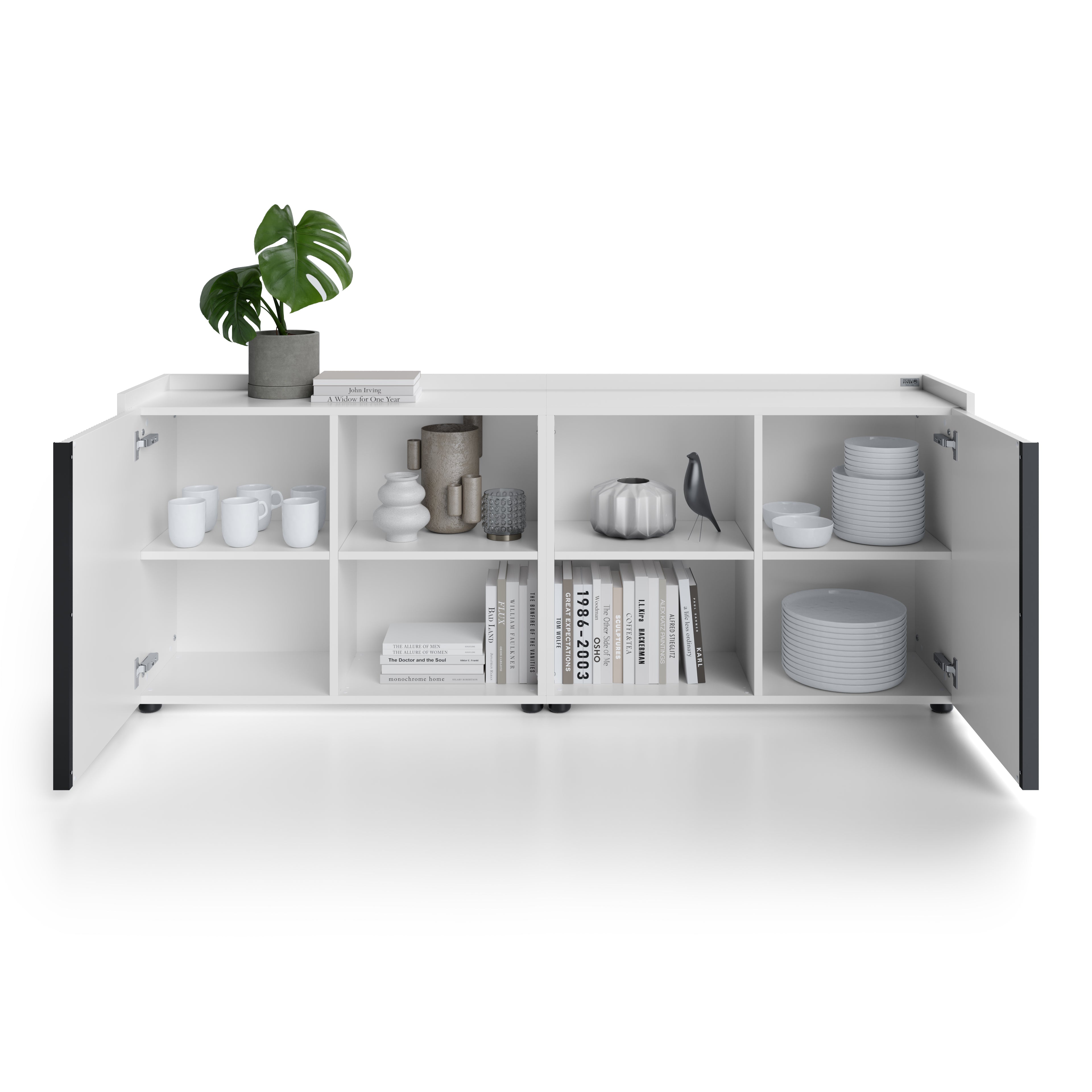 Buffet bas cannelé Romina (183,6x36x70 cm), 2 Portes, Blanc Mat