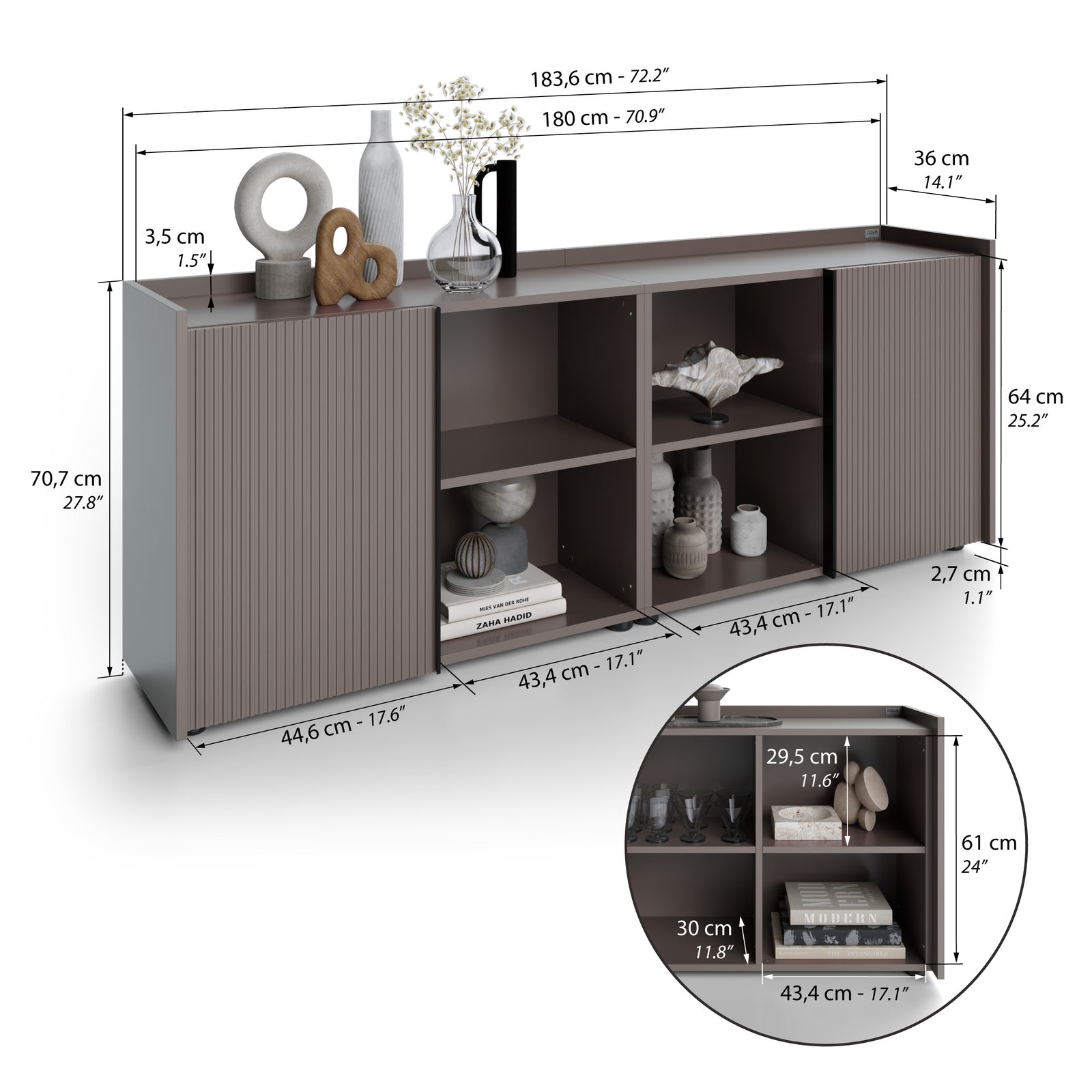 Romina Low Fluted Sideboard (183.6x36x70 cm), 2 Doors, Slate Grey - Immagine tecnica 1