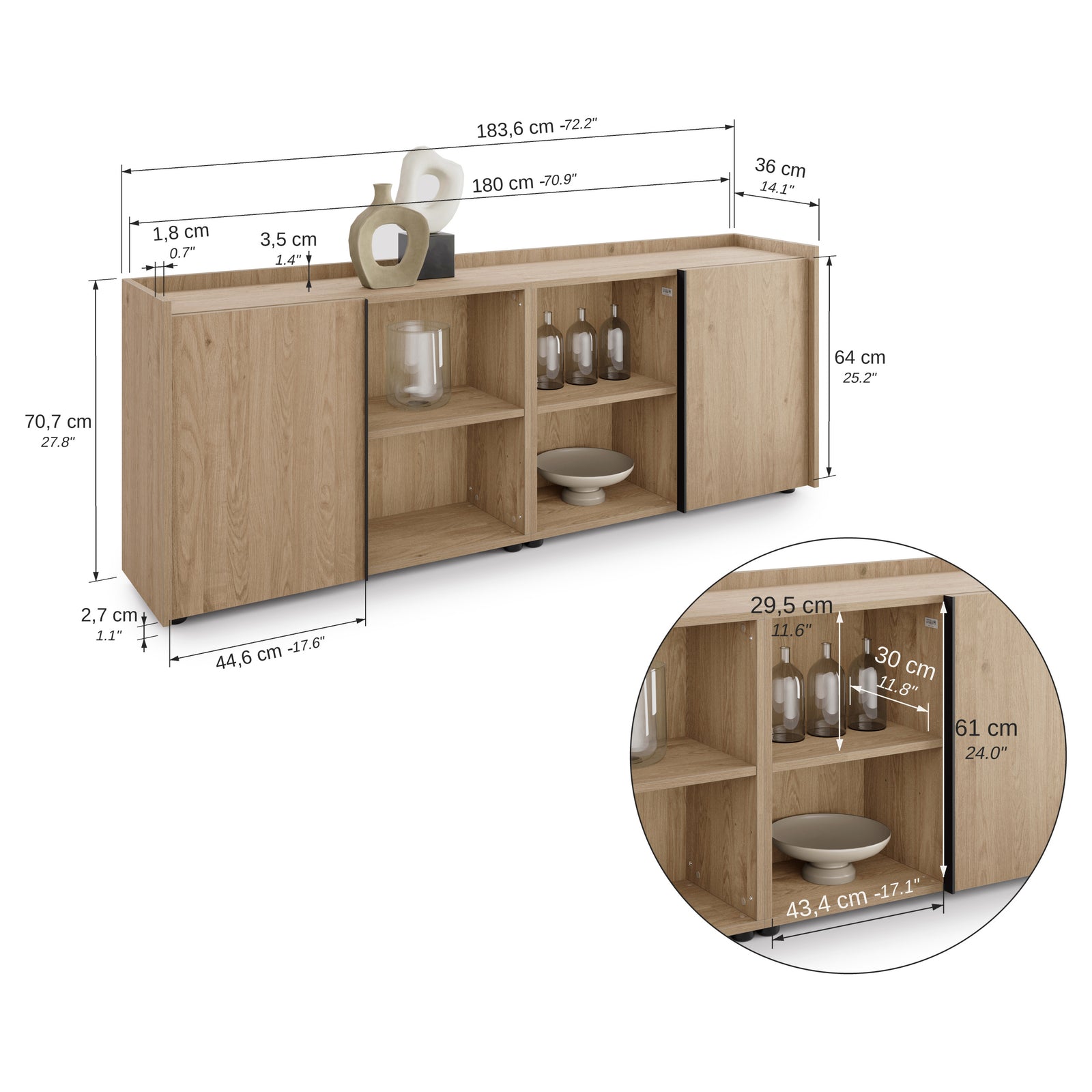 Romina Low Sideboard (183.6x36x70 cm), 2 Doors, Light Oak - Immagine tecnica 2