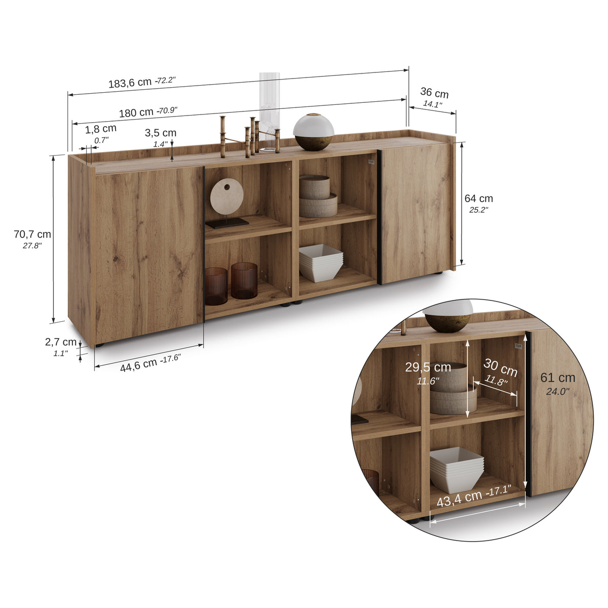 Romina Low Sideboard (183.6x36x70 cm), 2 Doors, Rustic Oak - Immagine tecnica 2