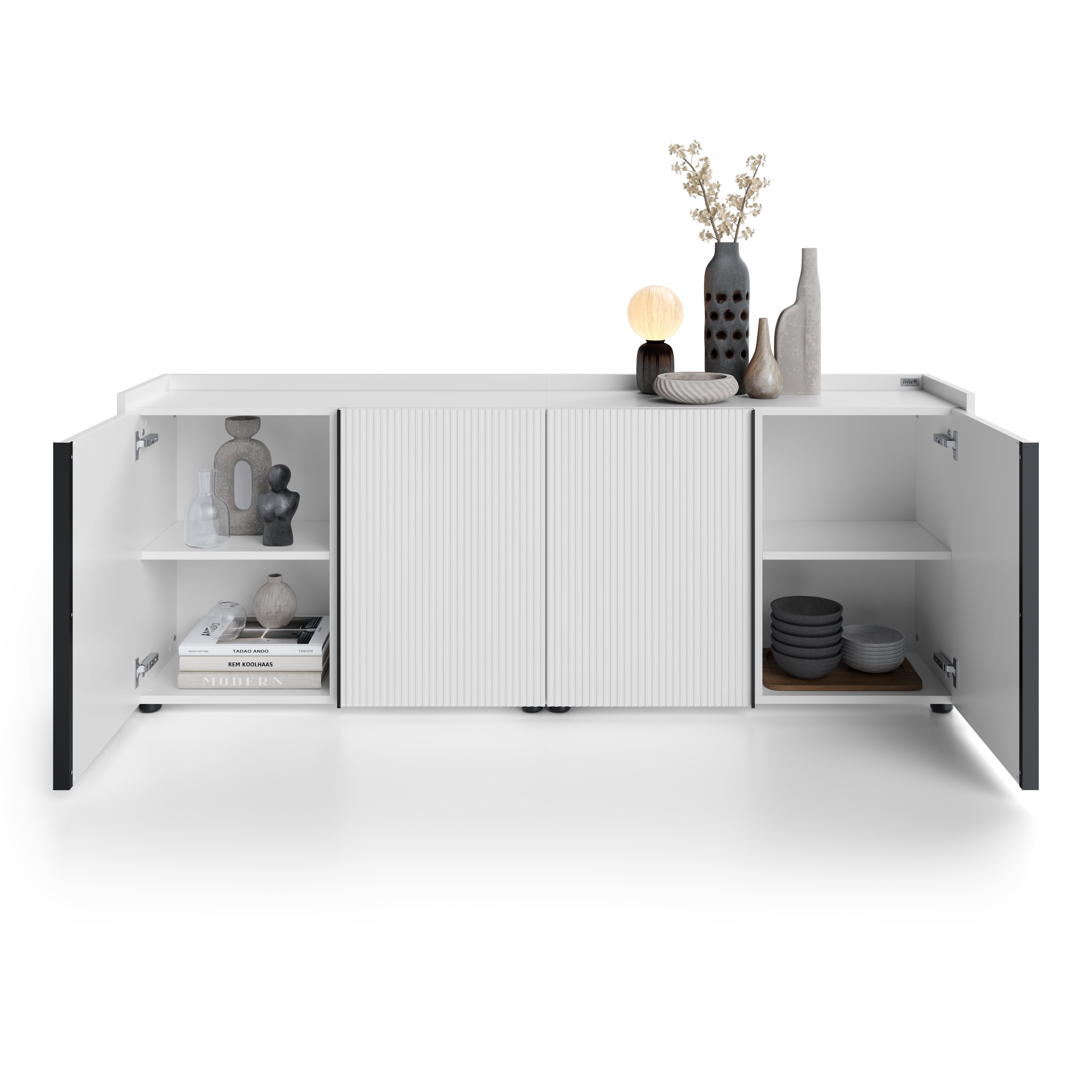 Niedriges gerilltes Sideboard Romina (183,6x36x70 cm), 4 Türen, Weiß Matt - Detail image 1