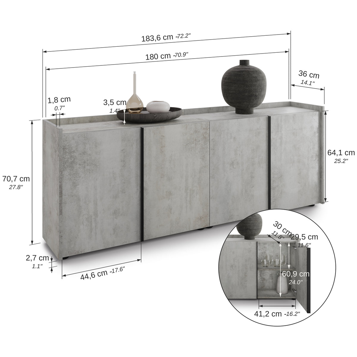 Romina Low Sideboard (183.6x36x70 cm), 4 Doors, Concrete Grey Effect - Immagine tecnica 1