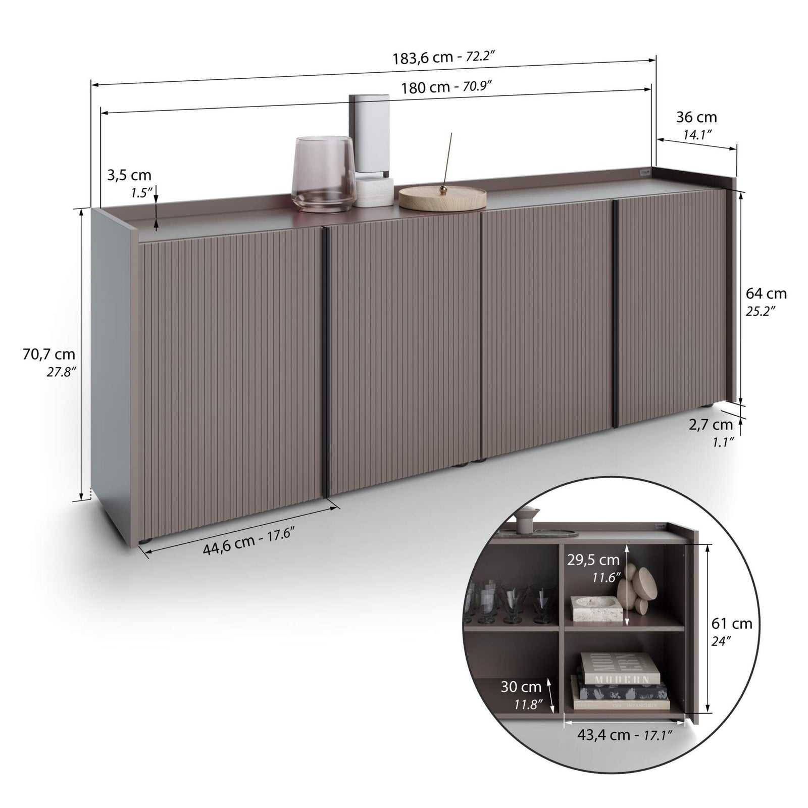 Niedriges gerilltes Sideboard Romina (183,6x36x70 cm), 4 Türen, Kobaltgrau - Immagine tecnica 1