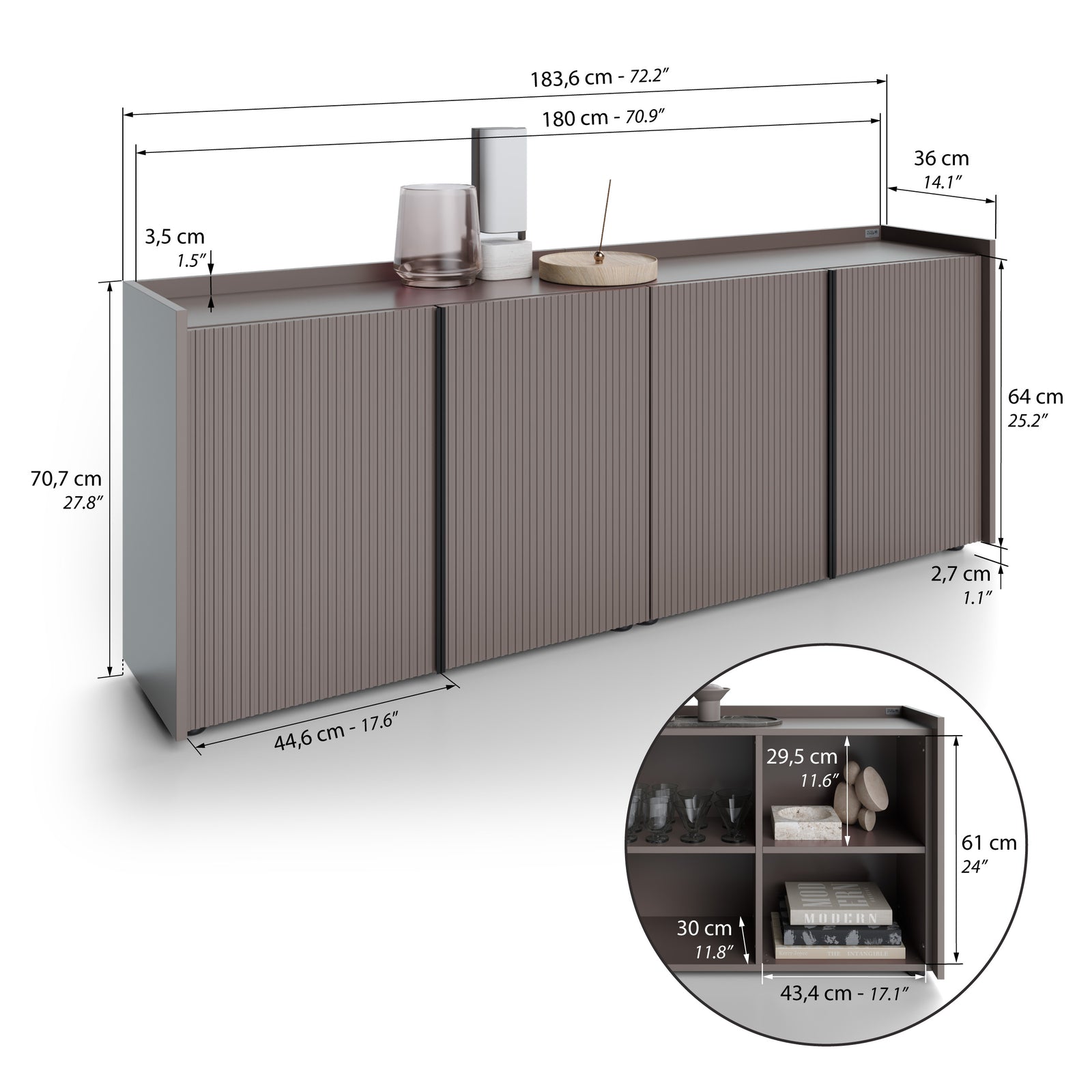 Romina Low Fluted Sideboard (183.6x36x70 cm), 4 Doors, Slate Grey - Immagine tecnica 1