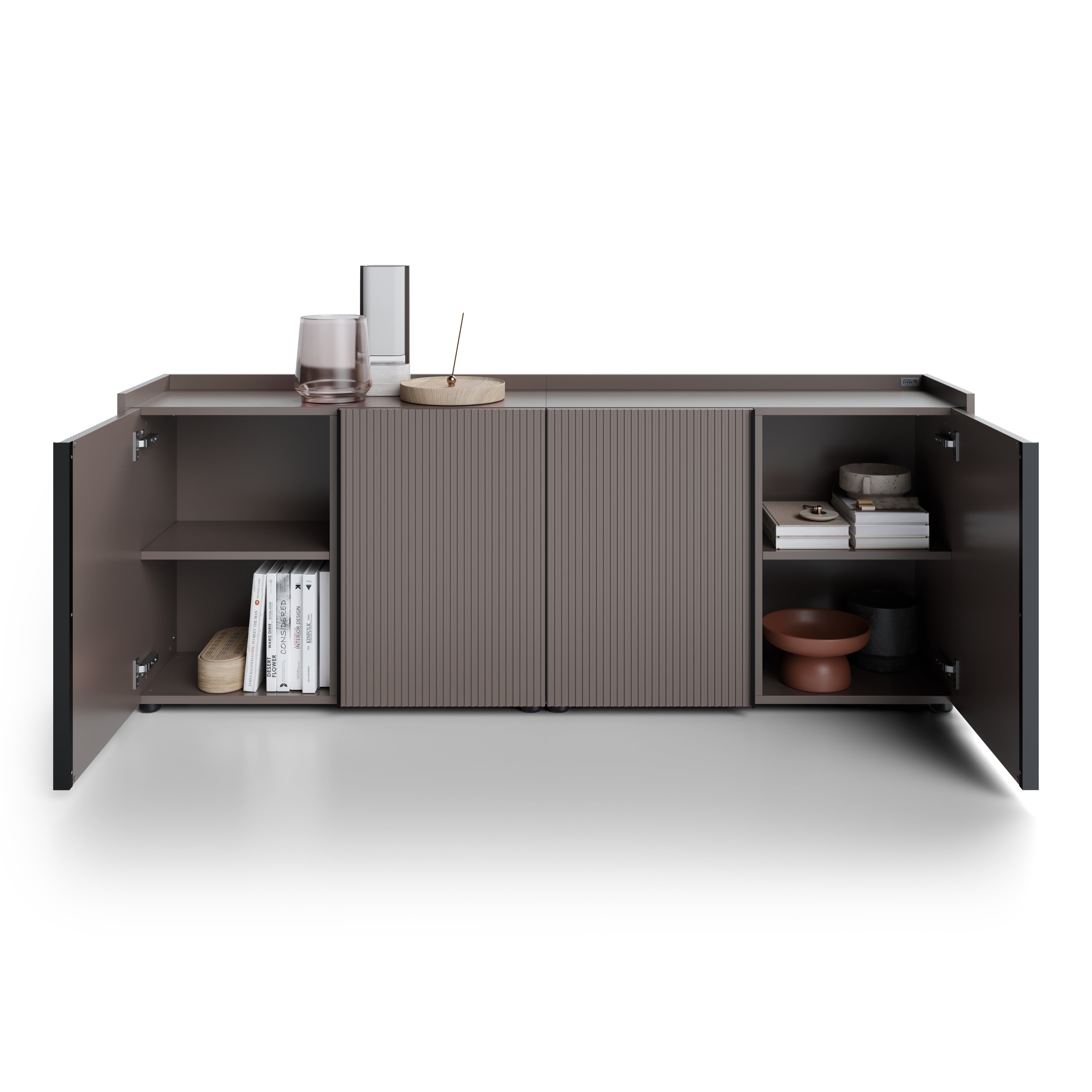 Buffet bas cannelé Romina (183,6x36x70 cm), 4 Portes, Gris Bleuté