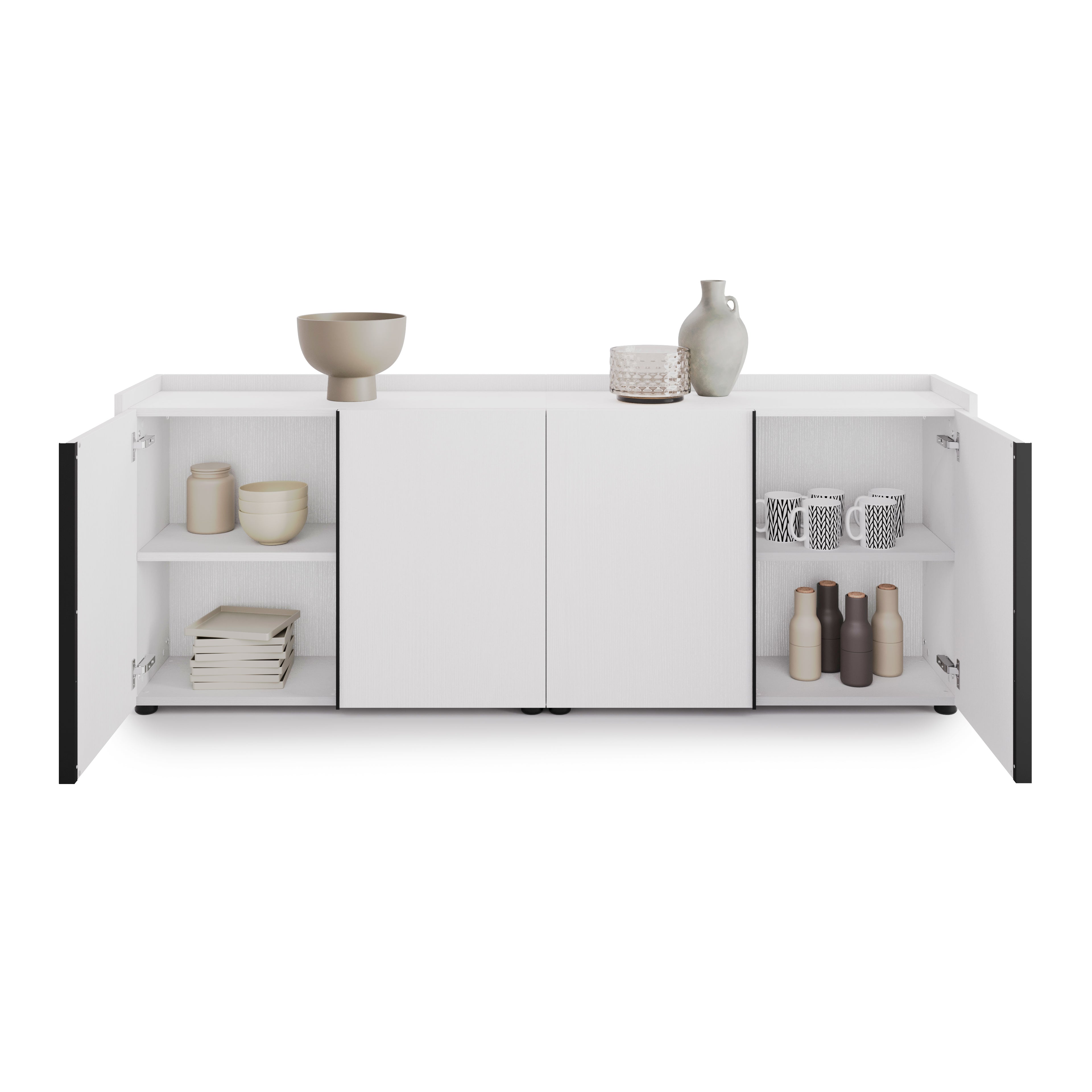 Meuble Bas Romina (183,6x36x70 cm), 4 Portes, Frêne Blanc