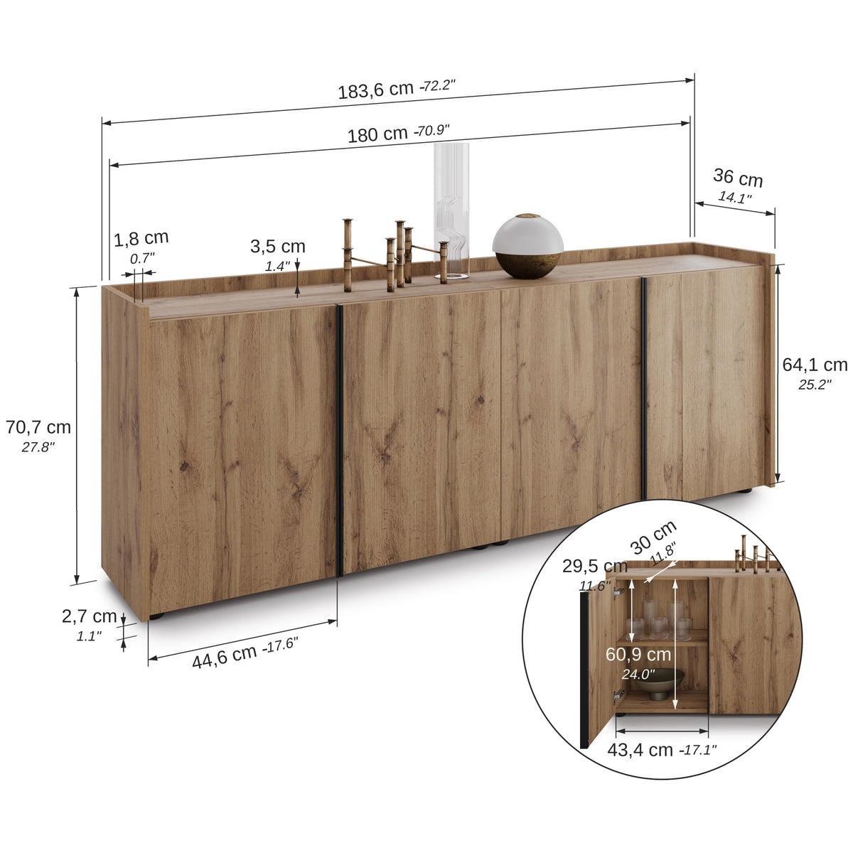 Romina Low Sideboard (183.6x36x70 cm), 4 Doors, Rustic Oak - Immagine tecnica 1