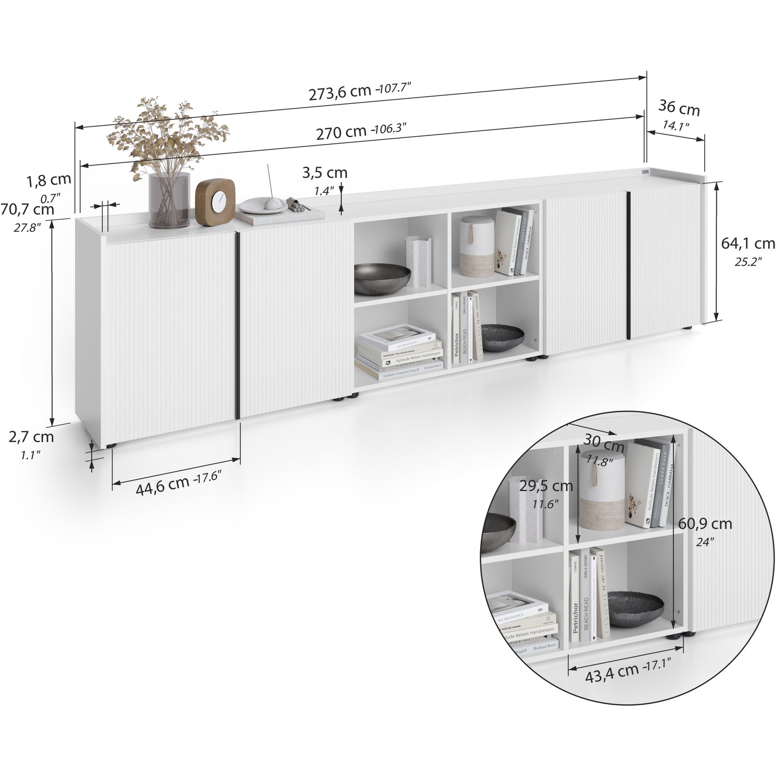 Mobile Basso Cannettato Romina (273,6x36x70 cm), 4 Drzwi, Biały - Immagine tecnica 1