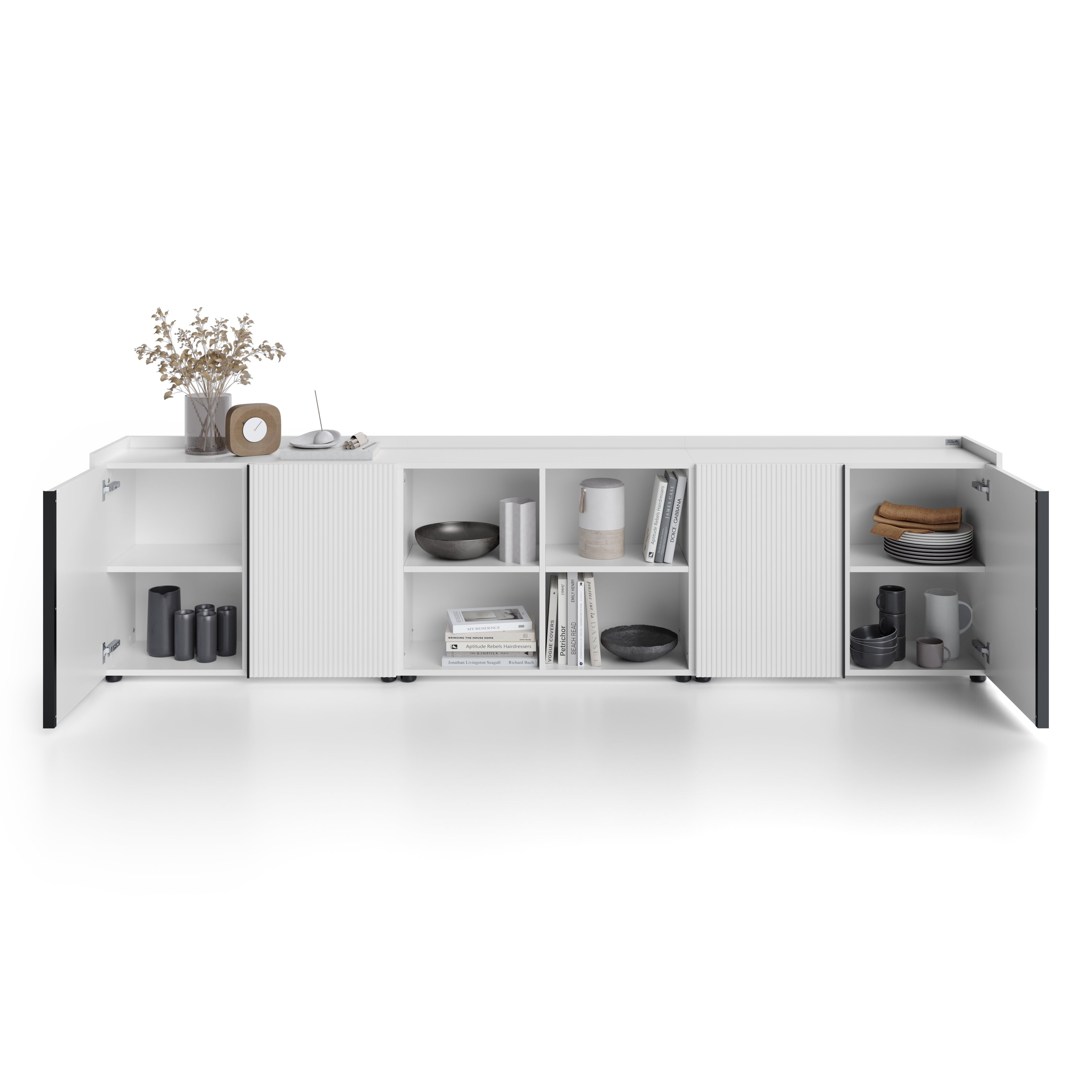 Buffet bas cannelé Romina (273,6x36x70 cm), 4 Portes, Blanc Mat - Detail image 1