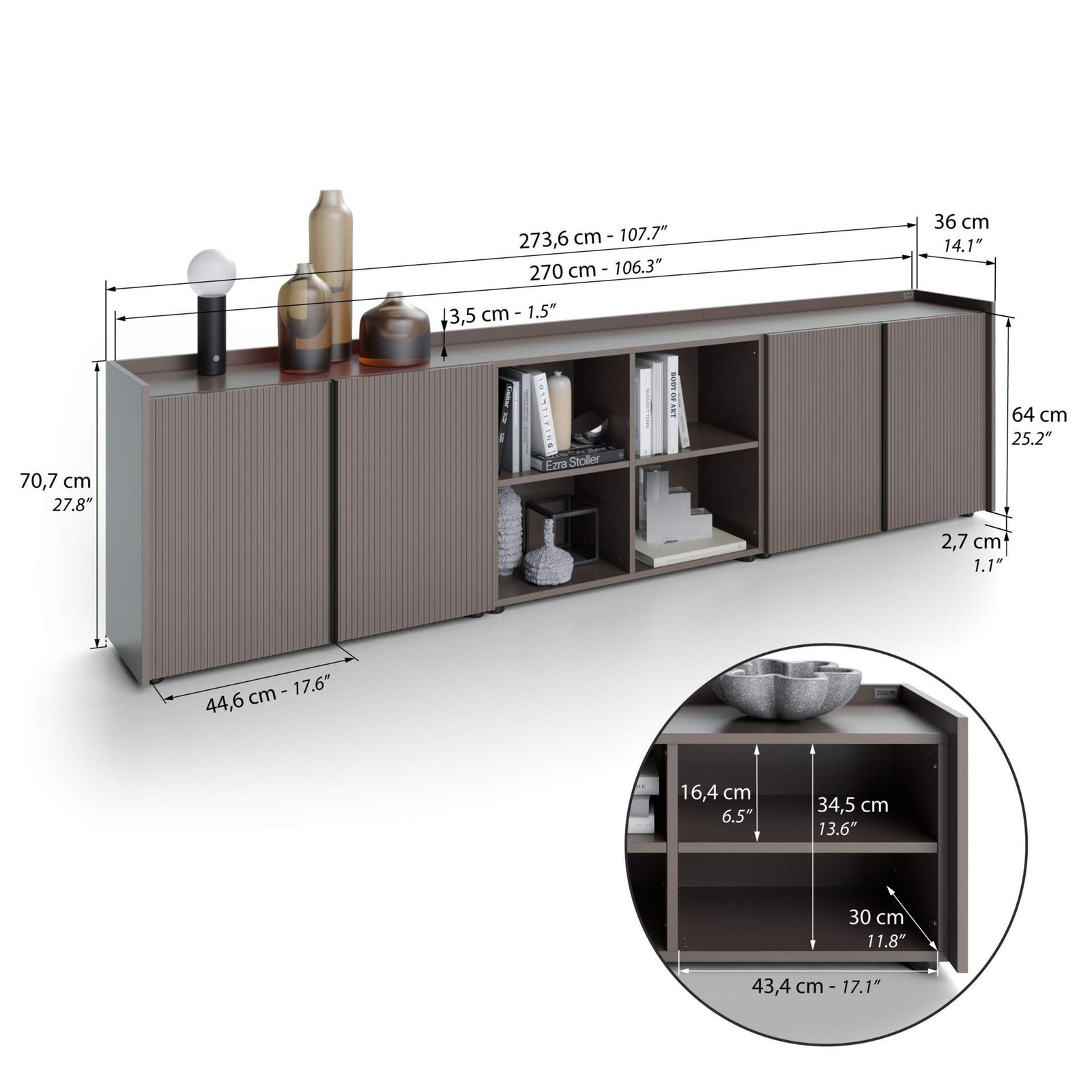 Buffet bas cannelé Romina (273,6x36x70 cm), 4 Portes, Gris Bleuté - Immagine tecnica 1