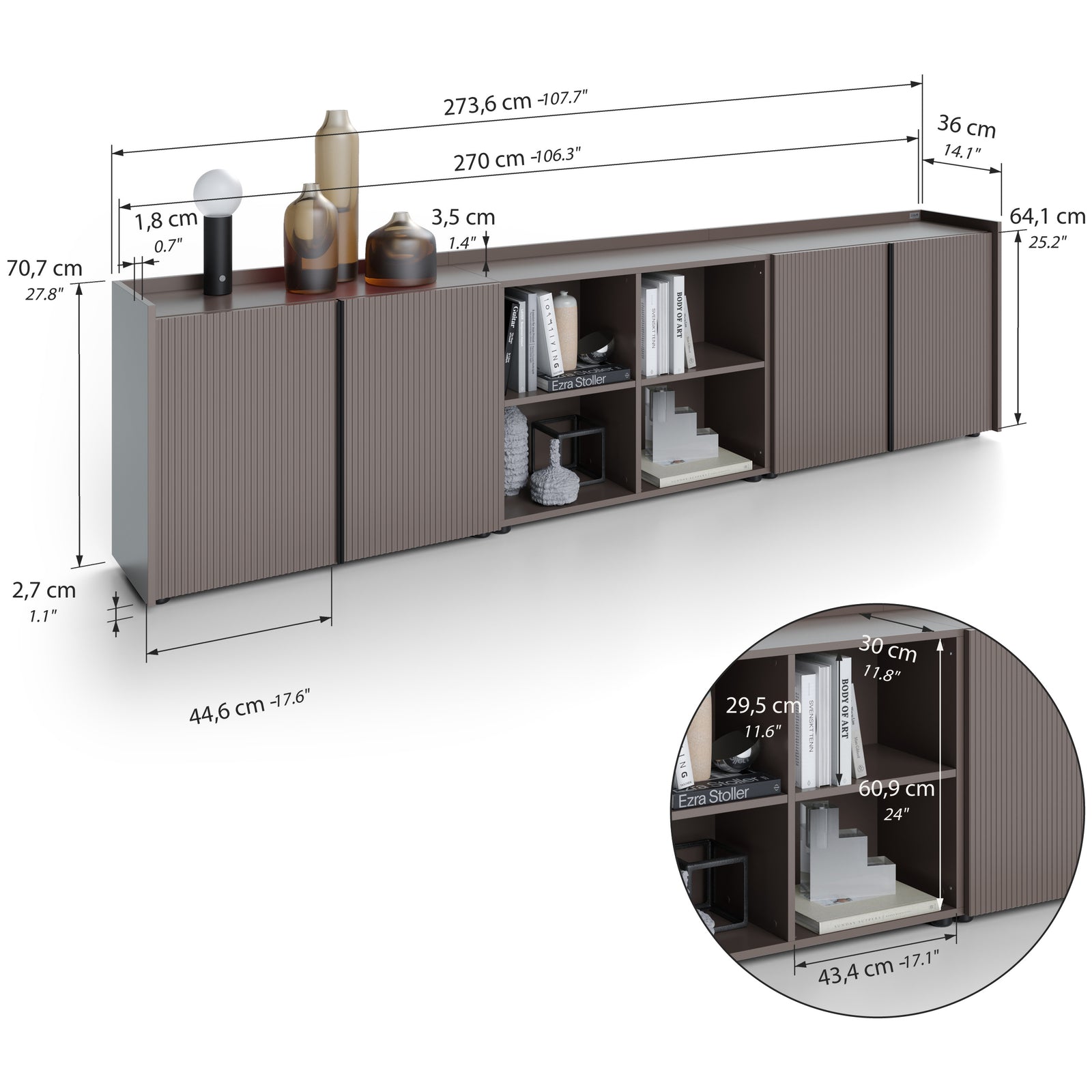Mobile Basso Cannettato Romina (273,6x36x70 cm), 4 Drzwi, Szary Kobalt - Immagine tecnica 1